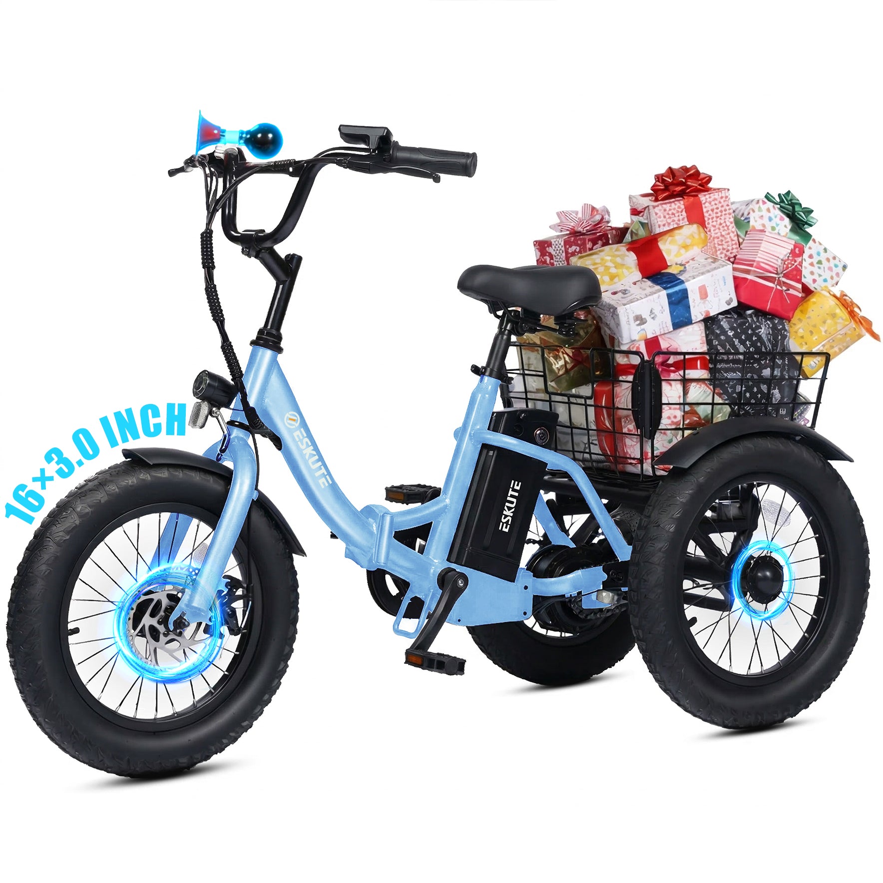 T300mini Electric Tricycle for Beginners, 16" x 3.0 Fat Tire Folding 3-Wheel E-Bike, 500W Peak Motor, 302Wh Battery, Step-Thru, 12.5 MPH, Black