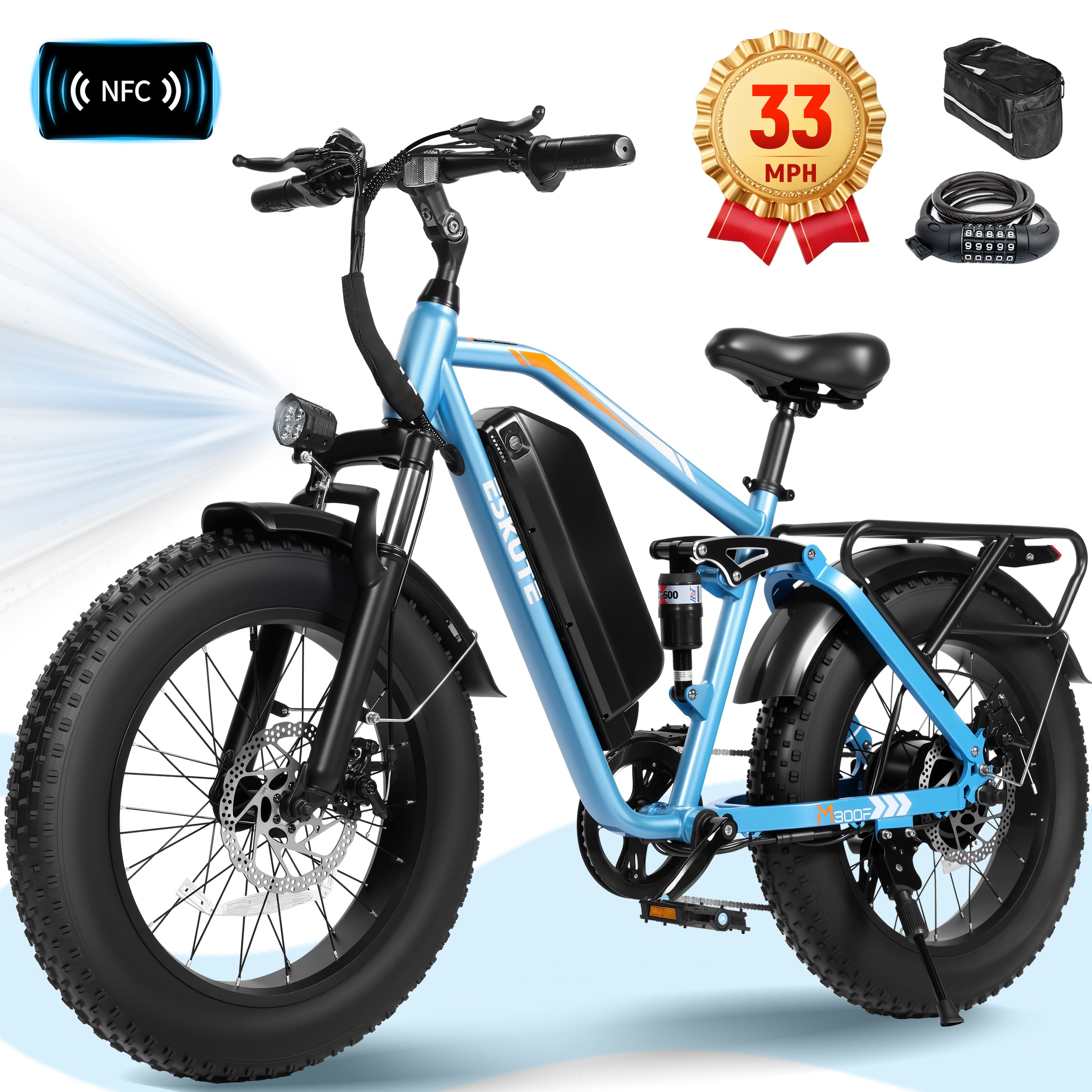 ESKUTE M300 Electric Bike for Adults, Full Suspension Fat Tire Mountain Ebike, 52V 20.8Ah Removable Battery, 1200W Motor, Up to 33MPH, 80 Miles Electric Bicycle Black