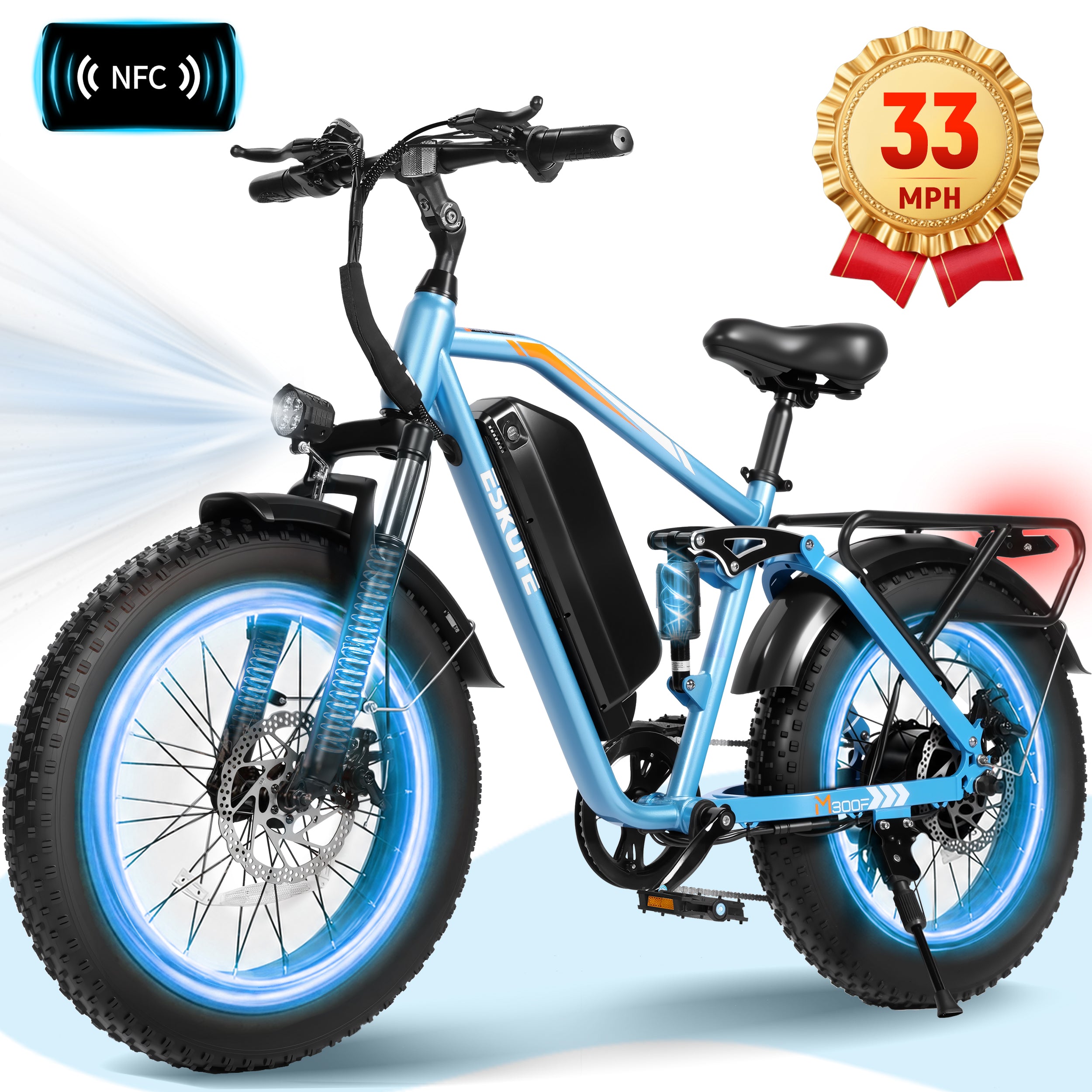 ESKUTE M300 Electric Bike for Adults, Full Suspension Fat Tire Mountain Ebike, 52V 20.8Ah Removable Battery, 1200W Motor, Up to 33MPH, 80 Miles Electric Bicycle Black