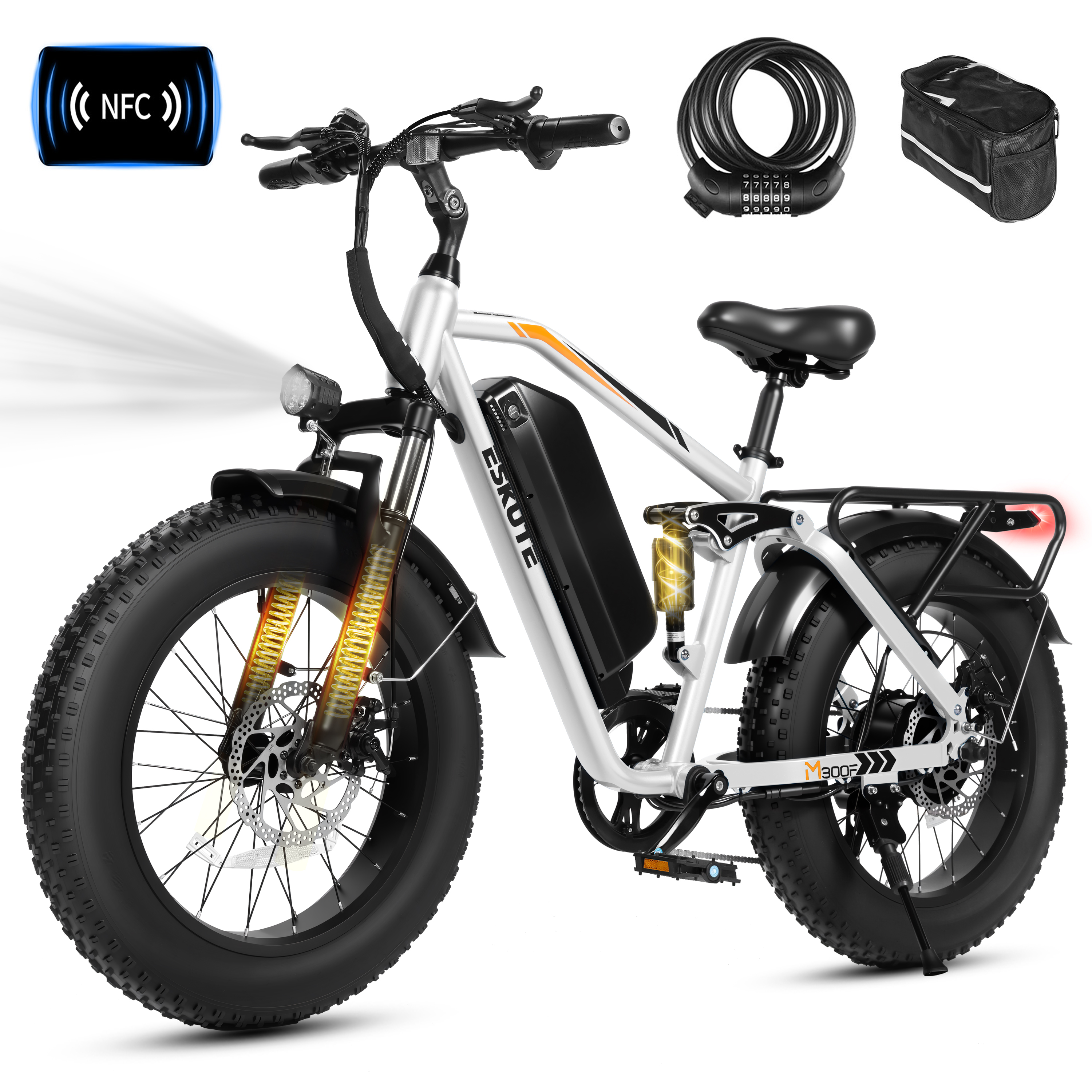 M300F Full Suspension Electric Bike, 20" Fat Tire Ebike, 48V 20.8Ah Removable Battery, 1200W Peak Motor, 7-Speed, Up to 80 Miles, Black