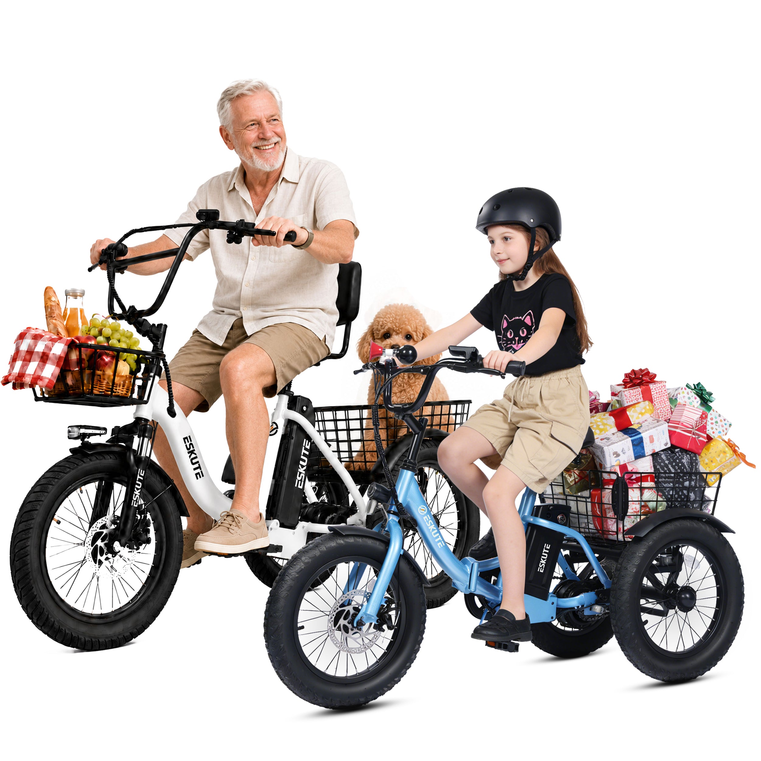 ESKUTE T300 & T300mini Electric Tricycles for Adults – 750W & 500W Motors, Fat Tire Folding 3-Wheel E-Bikes, Step-Thru, Black & Black