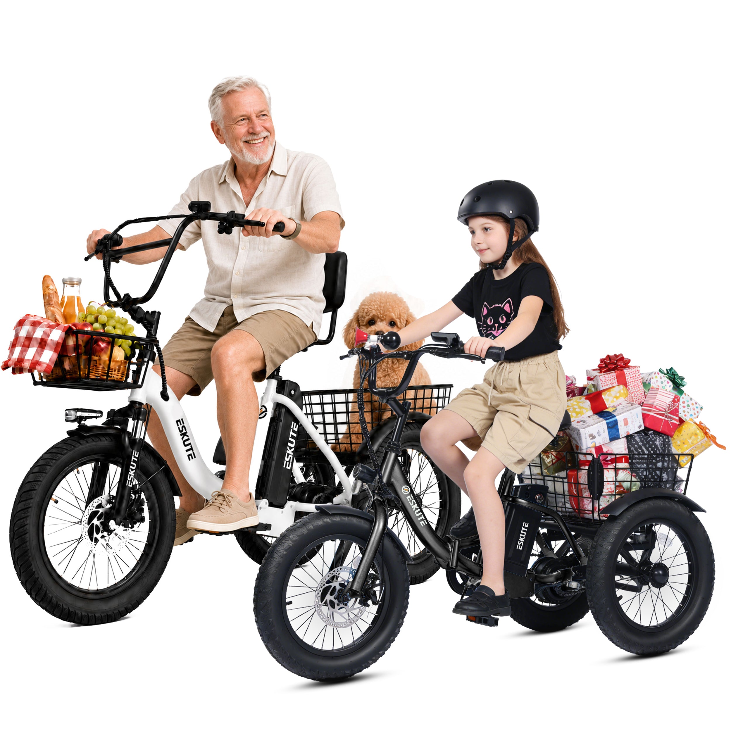 ESKUTE T300 & T300mini Electric Tricycles for Adults – 750W & 500W Motors, Fat Tire Folding 3-Wheel E-Bikes, Step-Thru, Black & Black