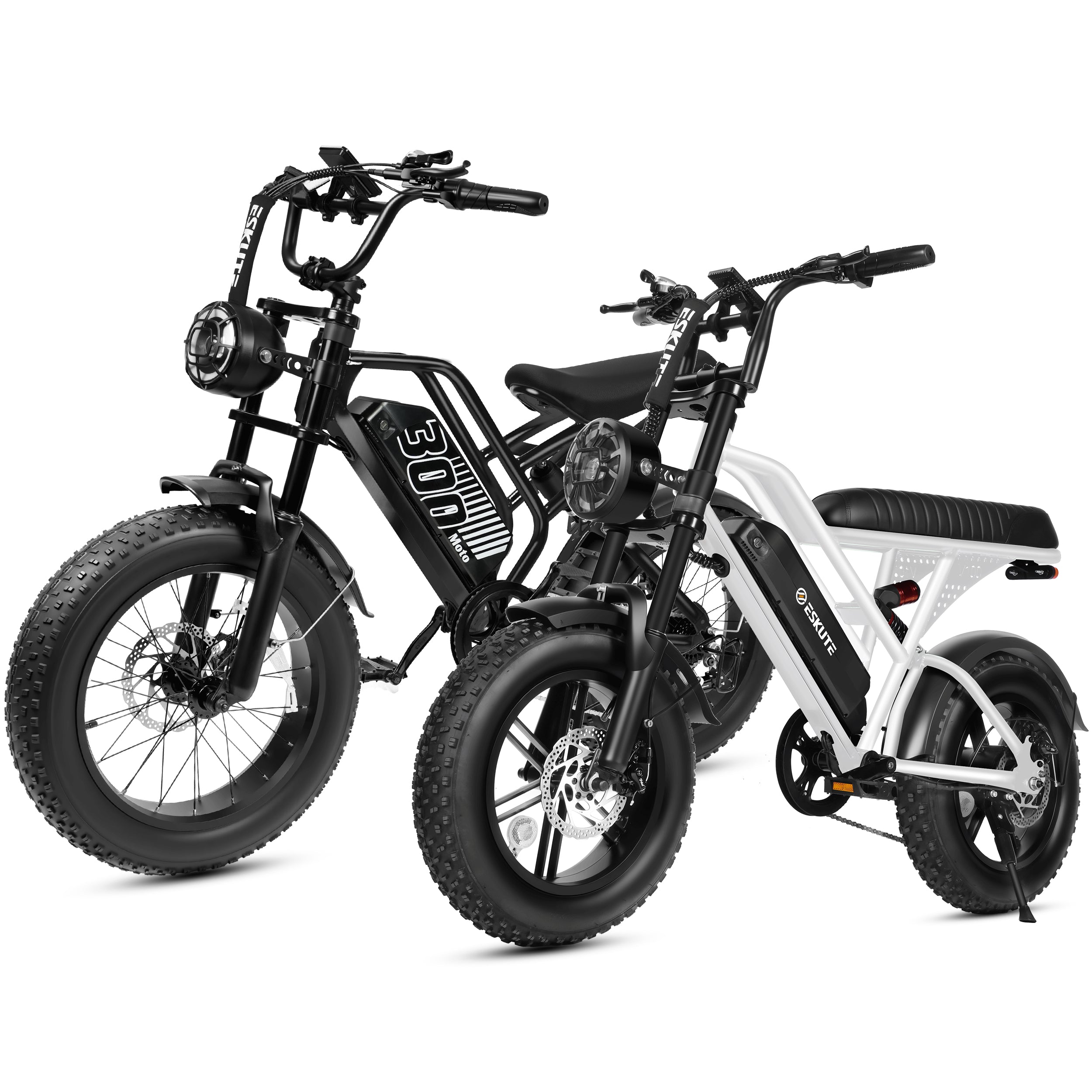 ESKUTE V100 & V300 Electric Bikes for Teens Adults, 750W–1500W Peak Motor, 28–30+MPH, 48V–52V Removable Battery, Fat Tires, 7-Speed E-Bike with Dual Suspension, Black & Black