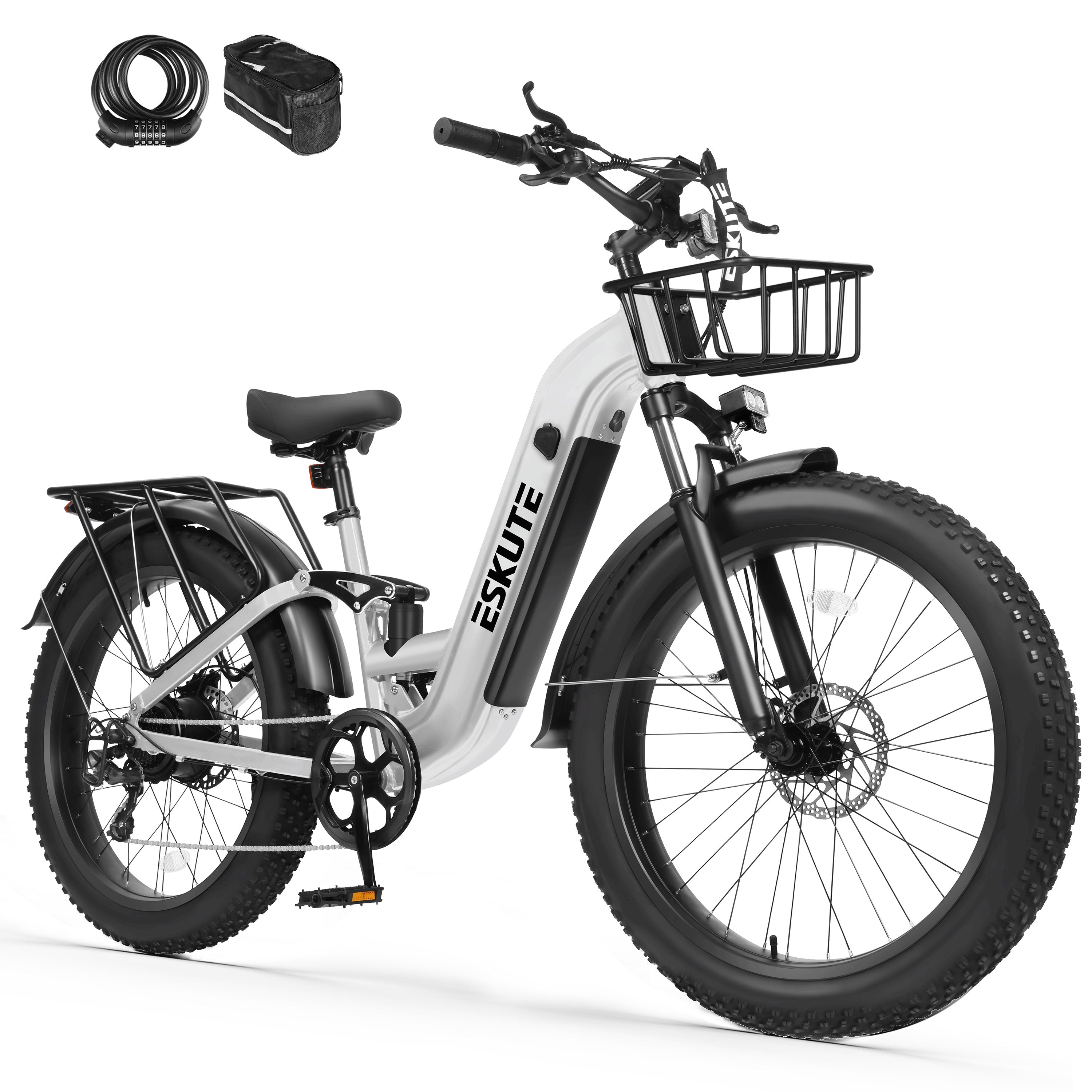 C300 1500W Electric Bike for Adults, 48V 20.8Ah Battery, 32MPH, 80 Miles Range, 26"x4.0" Fat Tire Step-Thru Ebike, Full Suspension Electric Bicycle, 8-Speed Black