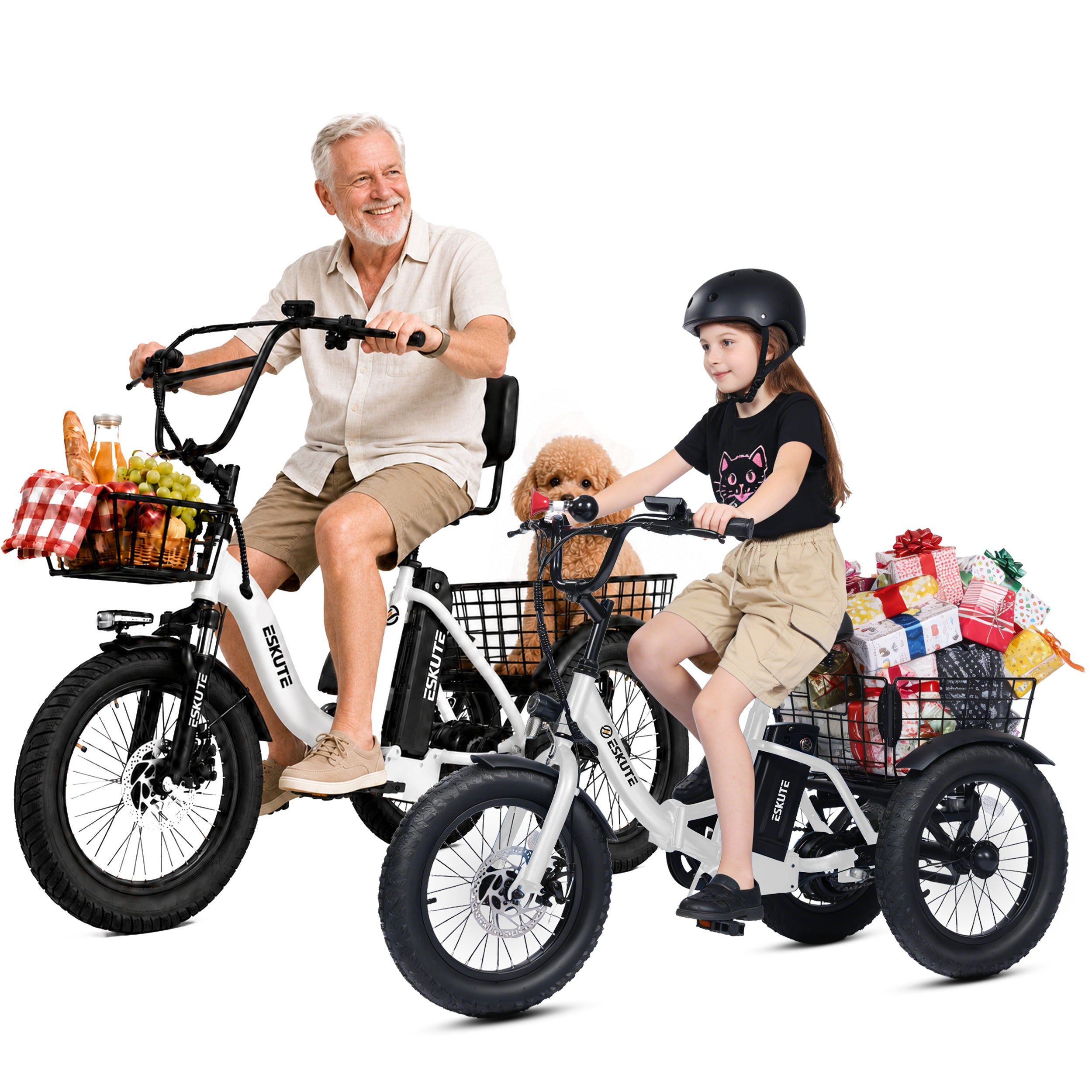 ESKUTE T300 & T300mini Electric Tricycles for Adults – 750W & 500W Motors, Fat Tire Folding 3-Wheel E-Bikes, Step-Thru, Black & Black