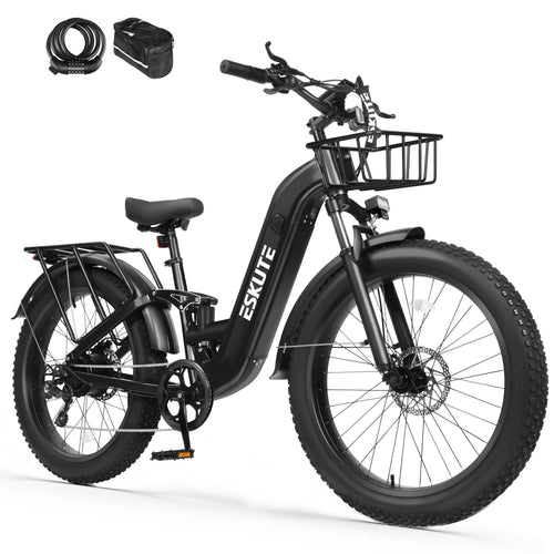 C300 1500W Electric Bike for Adults, 48V 20.8Ah Battery, 32MPH, 80 Miles Range, 26"x4.0" Fat Tire Step-Thru Ebike, Full Suspension Electric Bicycle, 8-Speed Black