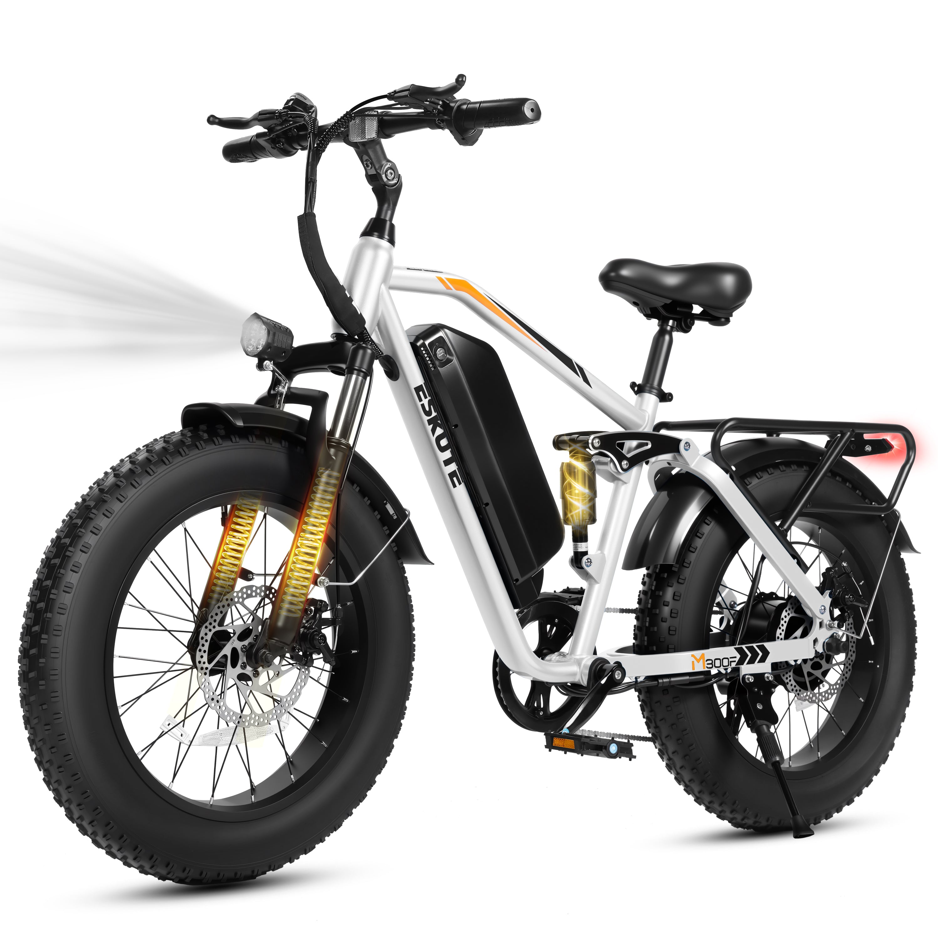 M300F Full Suspension Electric Bike, 20" Fat Tire Ebike, 48V 20.8Ah Removable Battery, 1200W Peak Motor, 7-Speed, Up to 80 Miles, Black