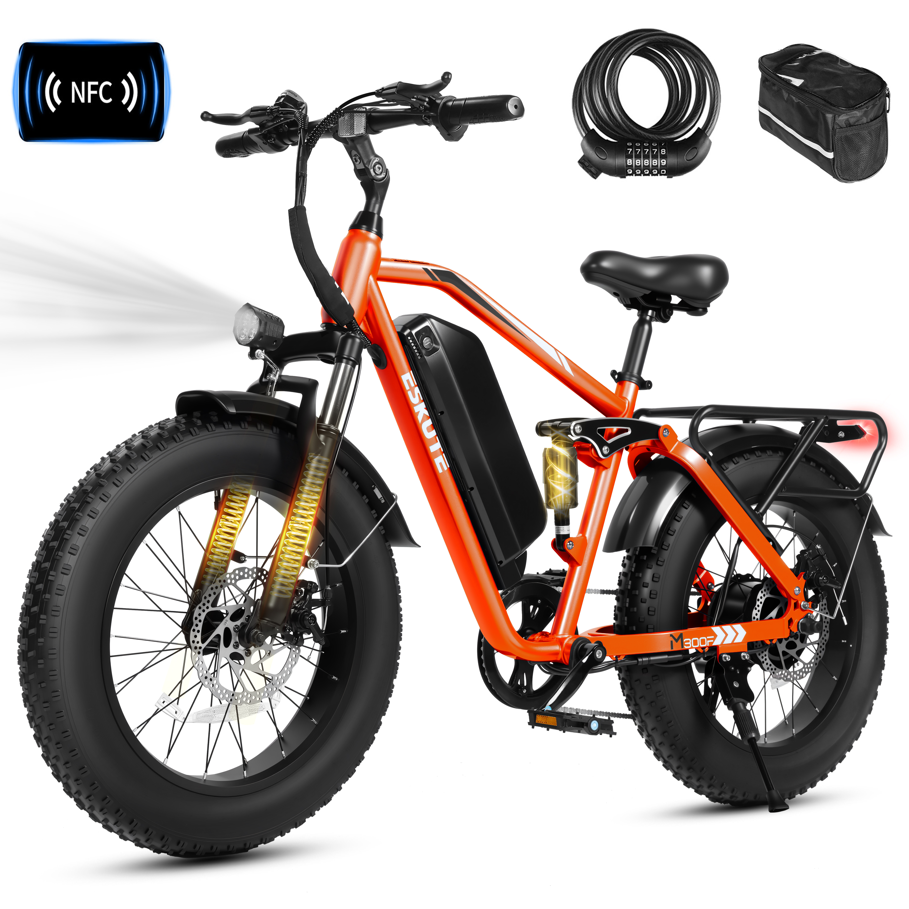 M300F Full Suspension Electric Bike, 20" Fat Tire Ebike, 48V 20.8Ah Removable Battery, 1200W Peak Motor, 7-Speed, Up to 80 Miles, Black