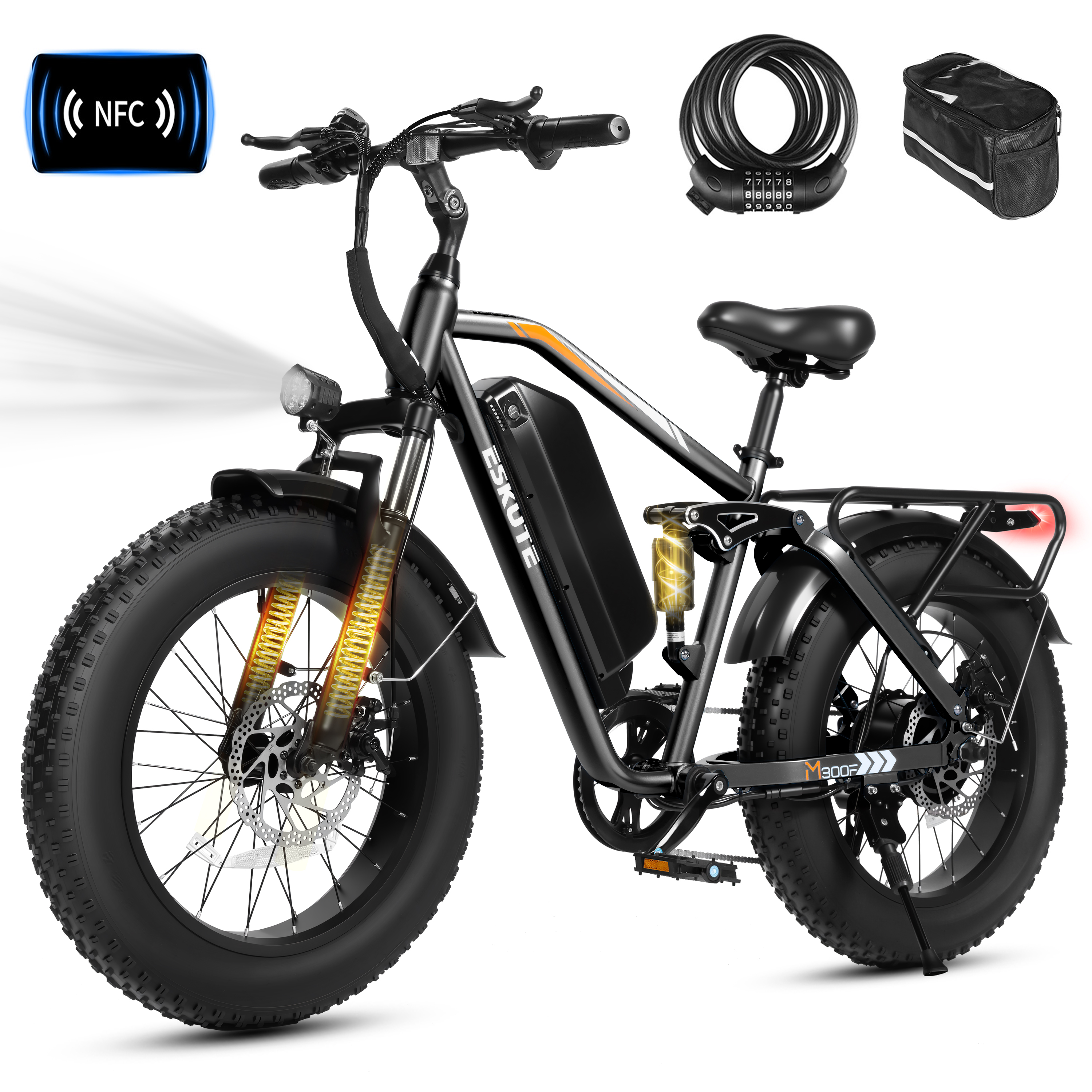 M300F Full Suspension Electric Bike, 20" Fat Tire Ebike, 48V 20.8Ah Removable Battery, 1200W Peak Motor, 7-Speed, Up to 80 Miles, Black
