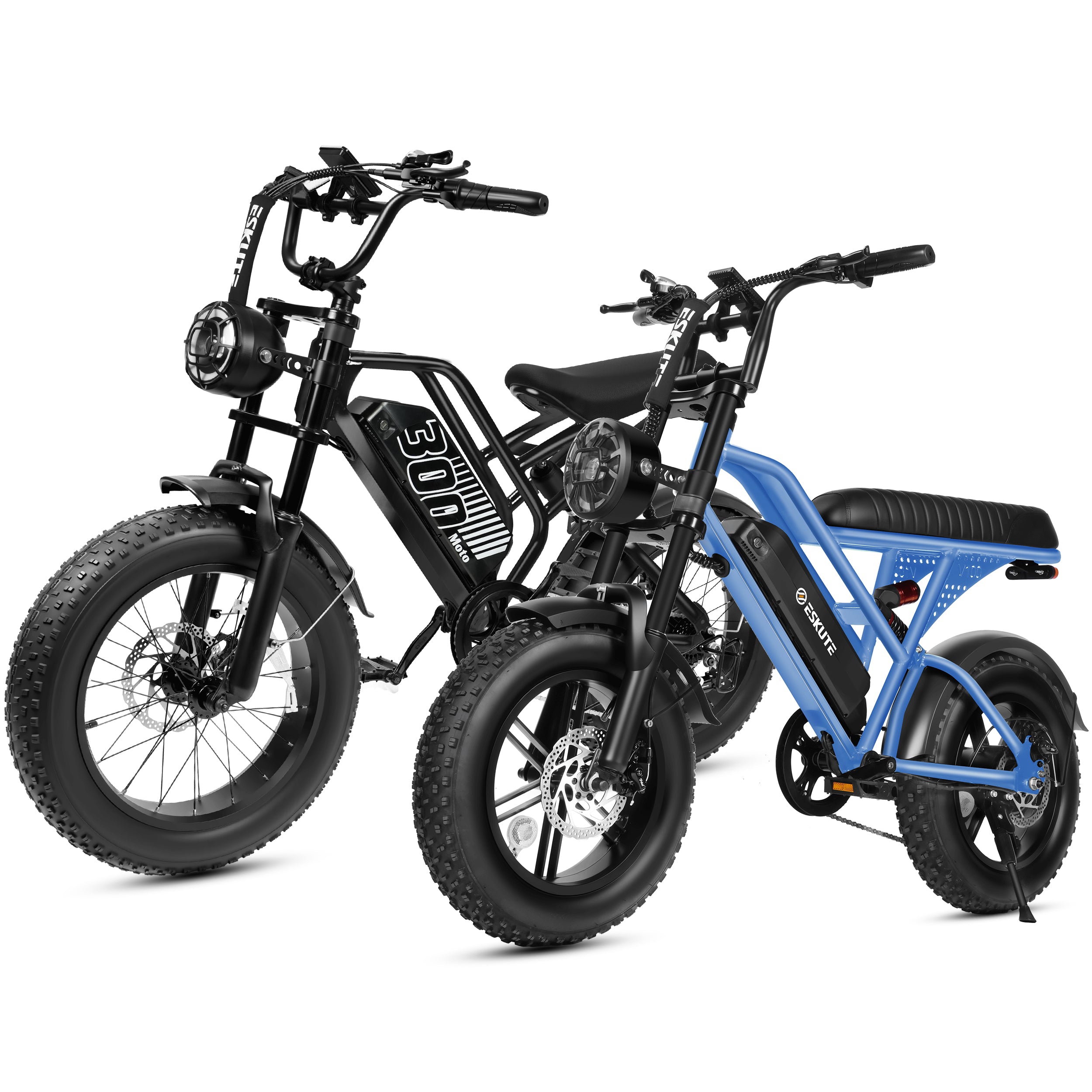 ESKUTE V100 & V300 Electric Bikes for Teens Adults, 750W–1500W Peak Motor, 28–30+MPH, 48V–52V Removable Battery, Fat Tires, 7-Speed E-Bike with Dual Suspension, Black & Black