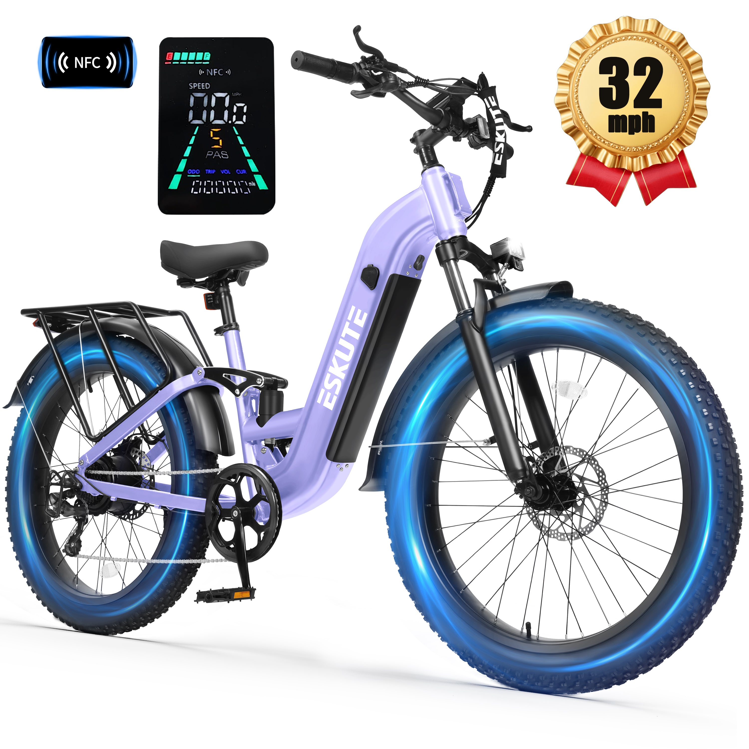 C300 1500W Electric Bike for Adults, 48V 20.8Ah Battery, 32MPH, 80 Miles Range, 26"x4.0" Fat Tire Step-Thru Ebike, Full Suspension Electric Bicycle, 8-Speed Black