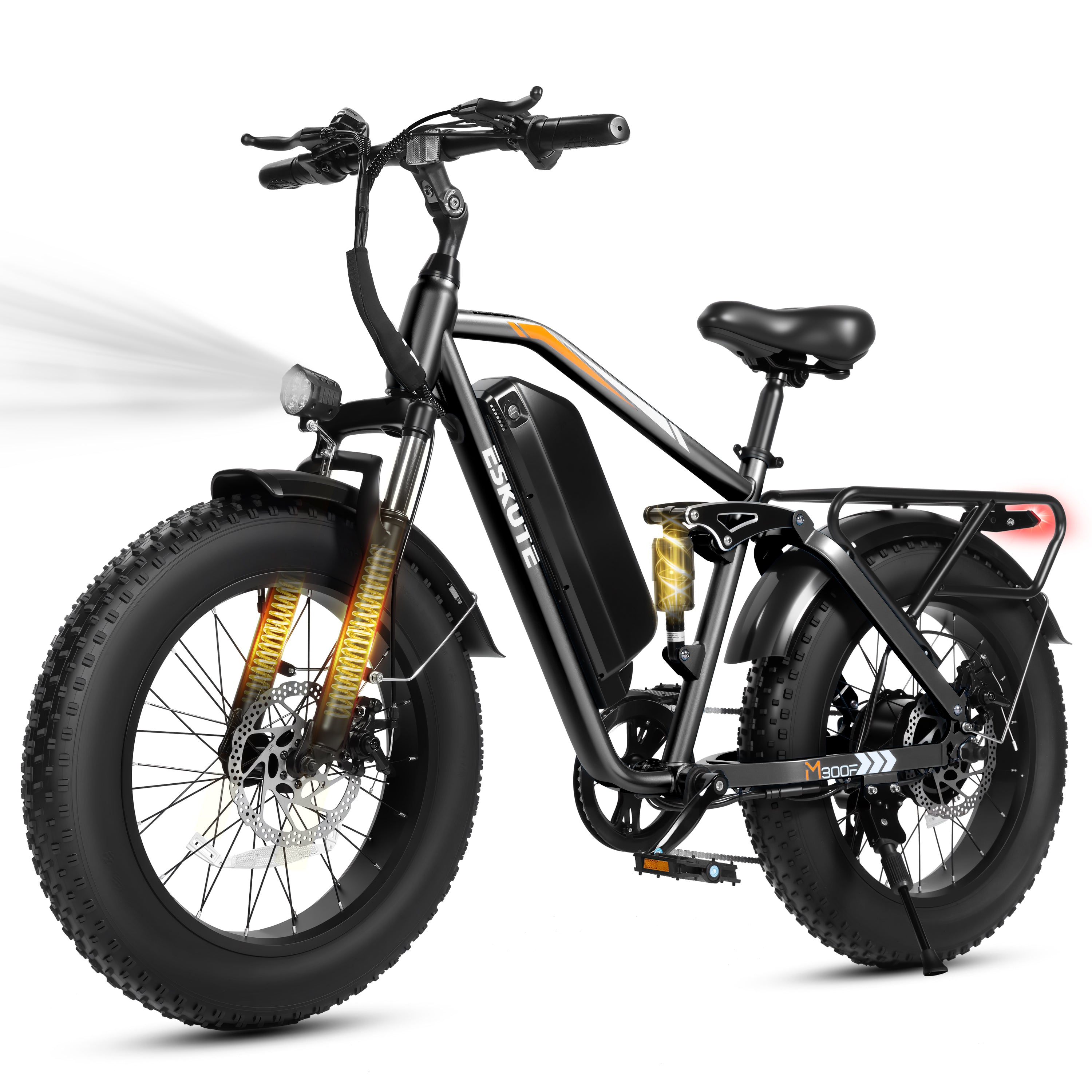 M300F Full Suspension Electric Bike, 20" Fat Tire Ebike, 48V 20.8Ah Removable Battery, 1200W Peak Motor, 7-Speed, Up to 80 Miles, Black