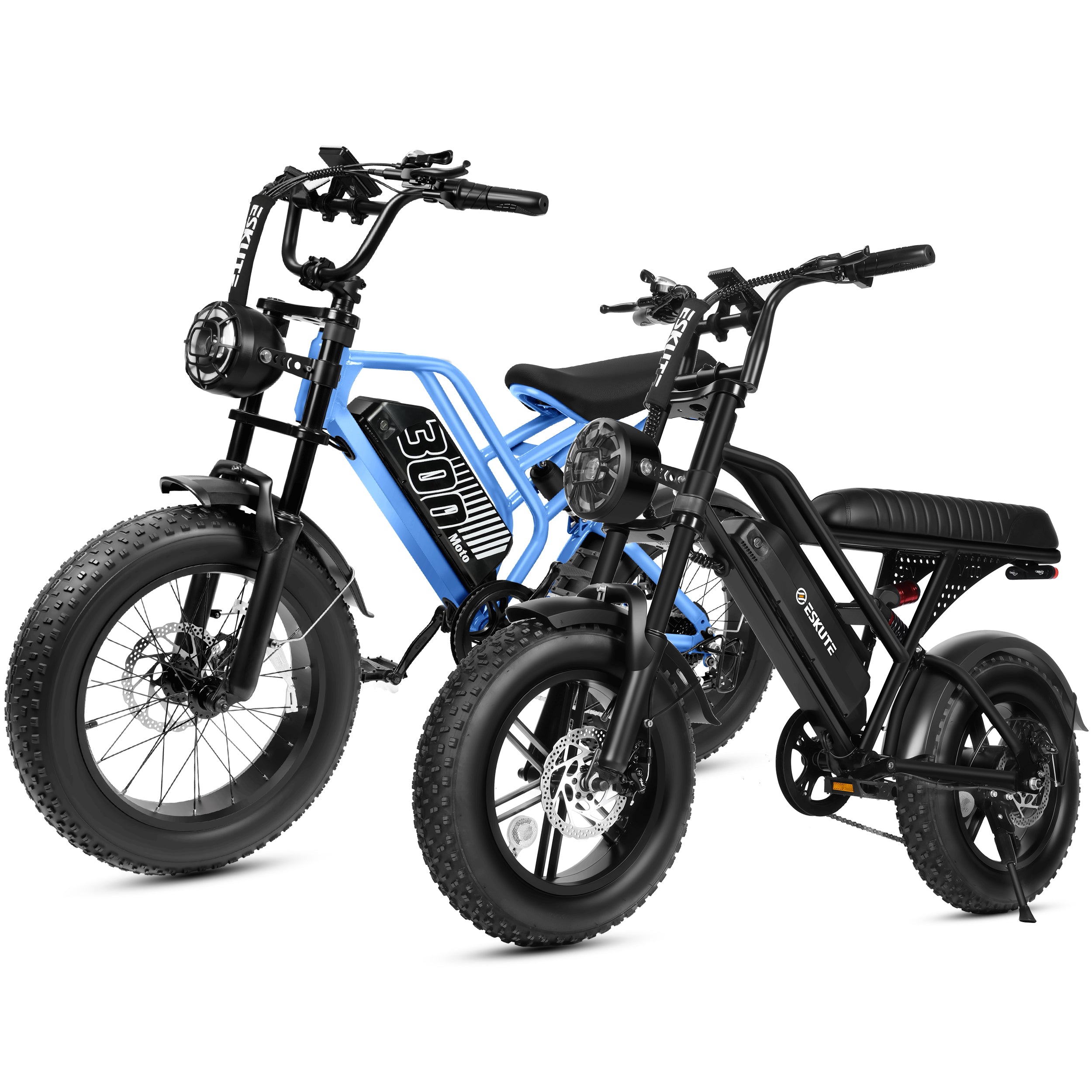 ESKUTE V100 & V300 Electric Bikes for Teens Adults, 750W–1500W Peak Motor, 28–30+MPH, 48V–52V Removable Battery, Fat Tires, 7-Speed E-Bike with Dual Suspension, Black & Black