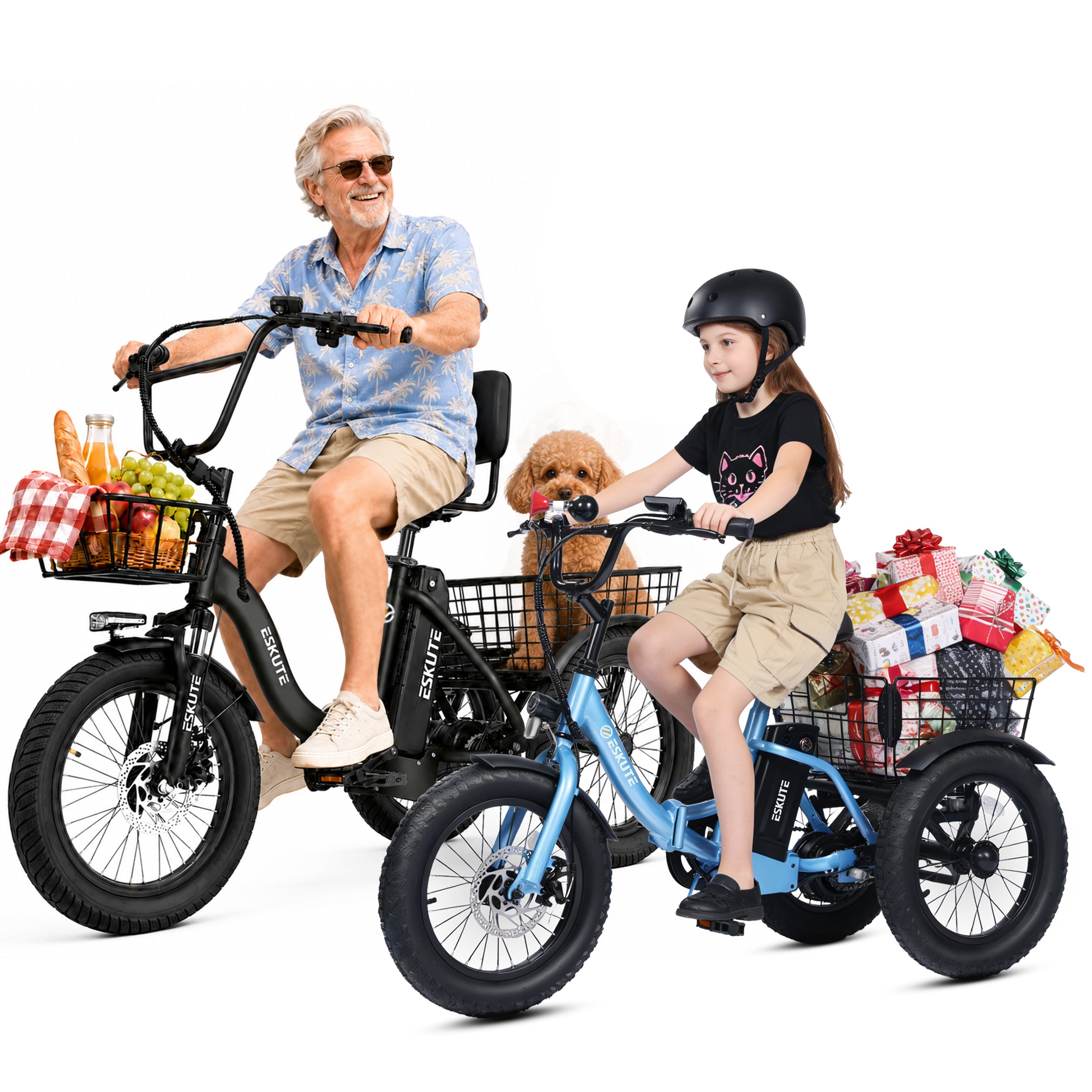 ESKUTE T300 & T300mini Electric Tricycles for Adults – 750W & 500W Motors, Fat Tire Folding 3-Wheel E-Bikes, Step-Thru, Black & Black