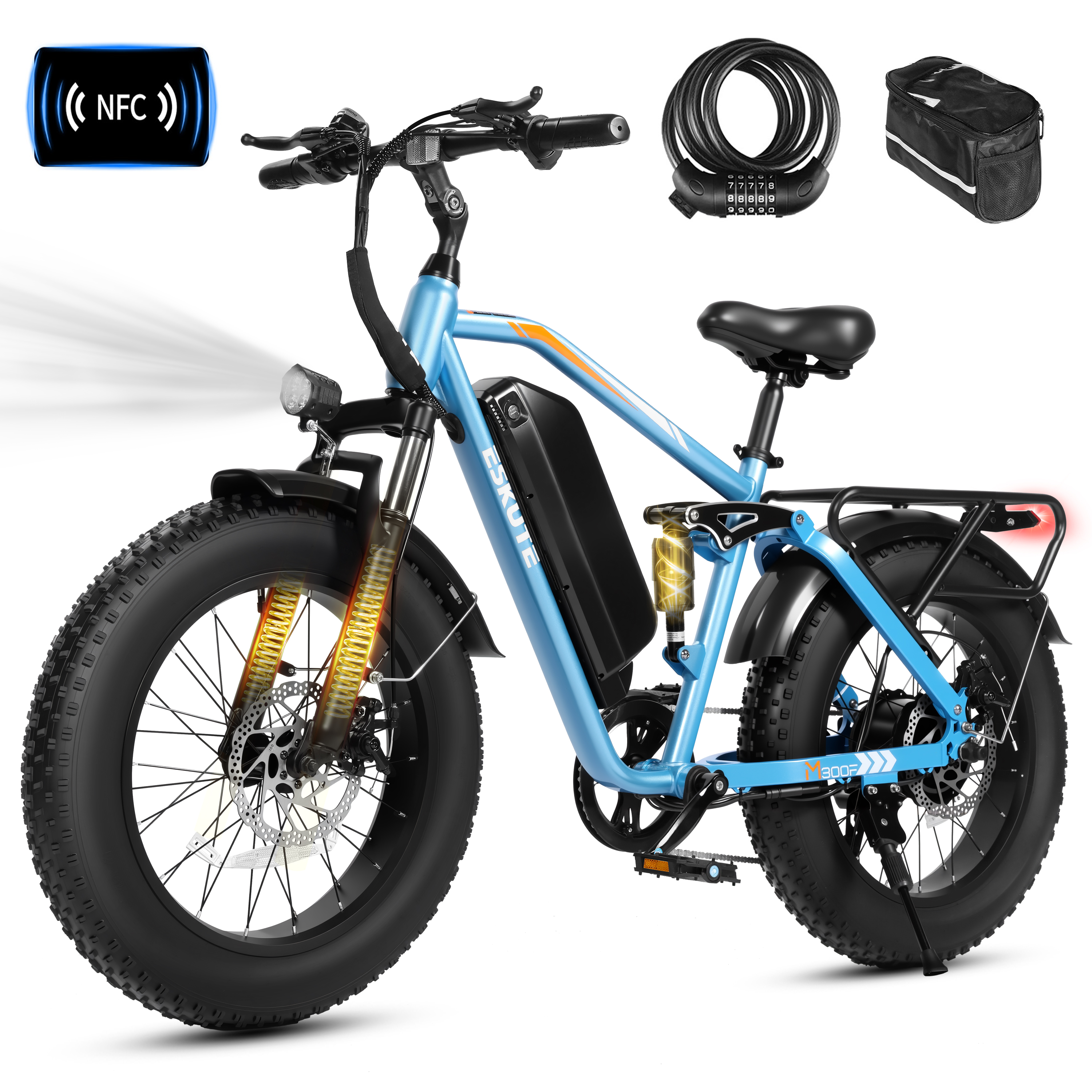 M300F Full Suspension Electric Bike, 20" Fat Tire Ebike, 48V 20.8Ah Removable Battery, 1200W Peak Motor, 7-Speed, Up to 80 Miles, Black