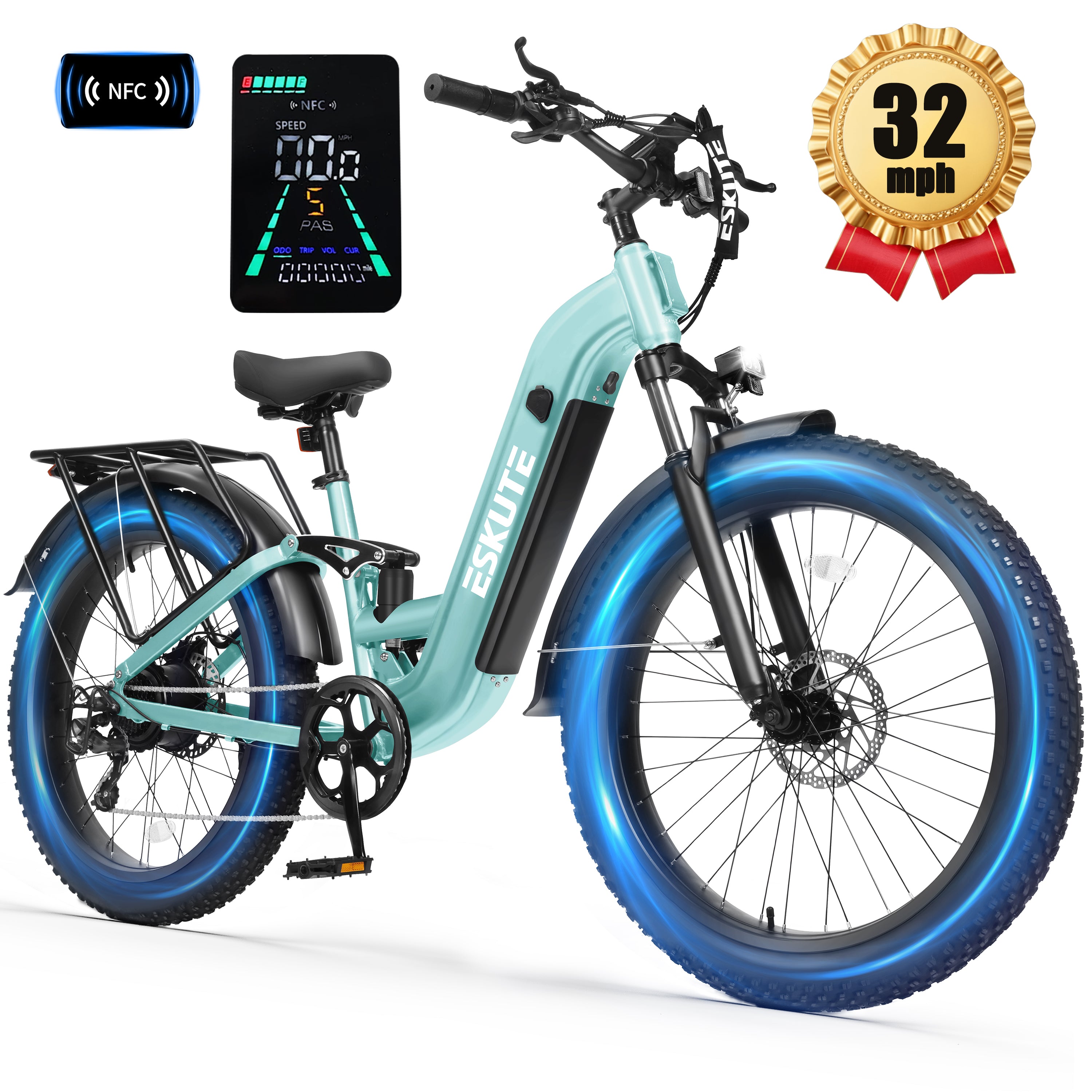 C300 1500W Electric Bike for Adults, 48V 20.8Ah Battery, 32MPH, 80 Miles Range, 26"x4.0" Fat Tire Step-Thru Ebike, Full Suspension Electric Bicycle, 8-Speed Black