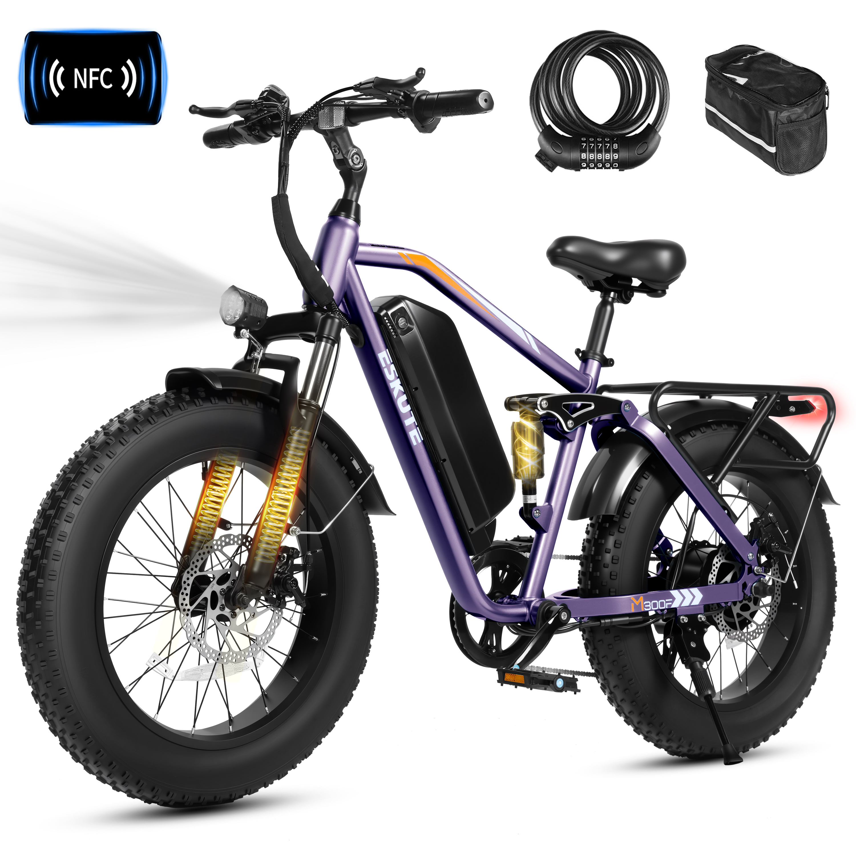 M300F Full Suspension Electric Bike, 20" Fat Tire Ebike, 48V 20.8Ah Removable Battery, 1200W Peak Motor, 7-Speed, Up to 80 Miles, Black