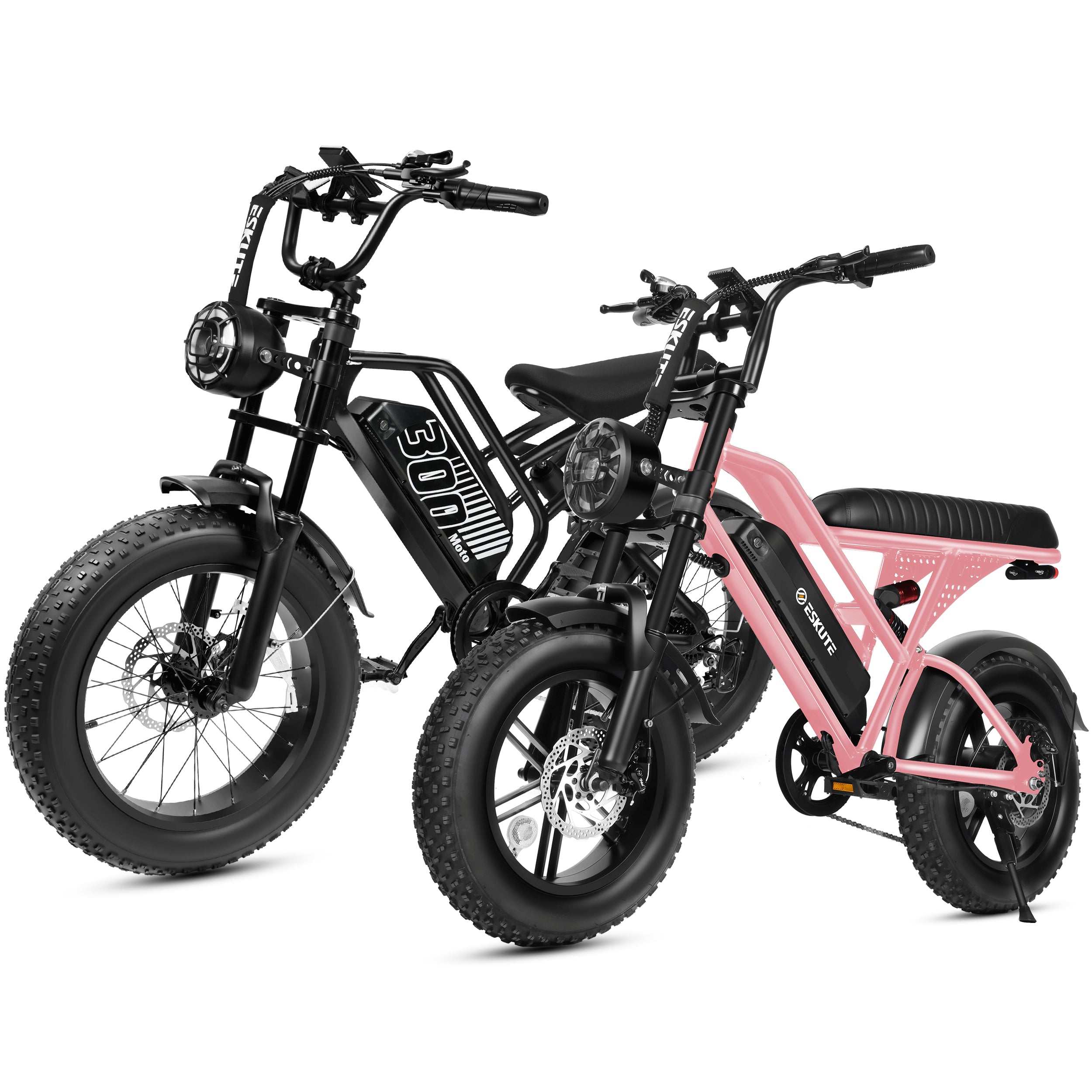 ESKUTE V100 & V300 Electric Bikes for Teens Adults, 750W–1500W Peak Motor, 28–30+MPH, 48V–52V Removable Battery, Fat Tires, 7-Speed E-Bike with Dual Suspension, Black & Black