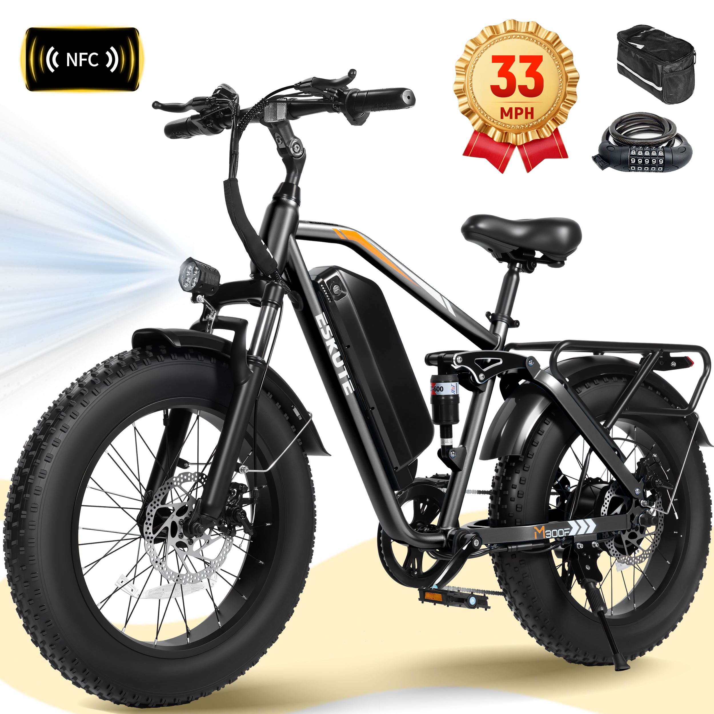 ESKUTE M300 Electric Bike for Adults, Full Suspension Fat Tire Mountain Ebike, 52V 20.8Ah Removable Battery, 1200W Motor, Up to 33MPH, 80 Miles Electric Bicycle Black