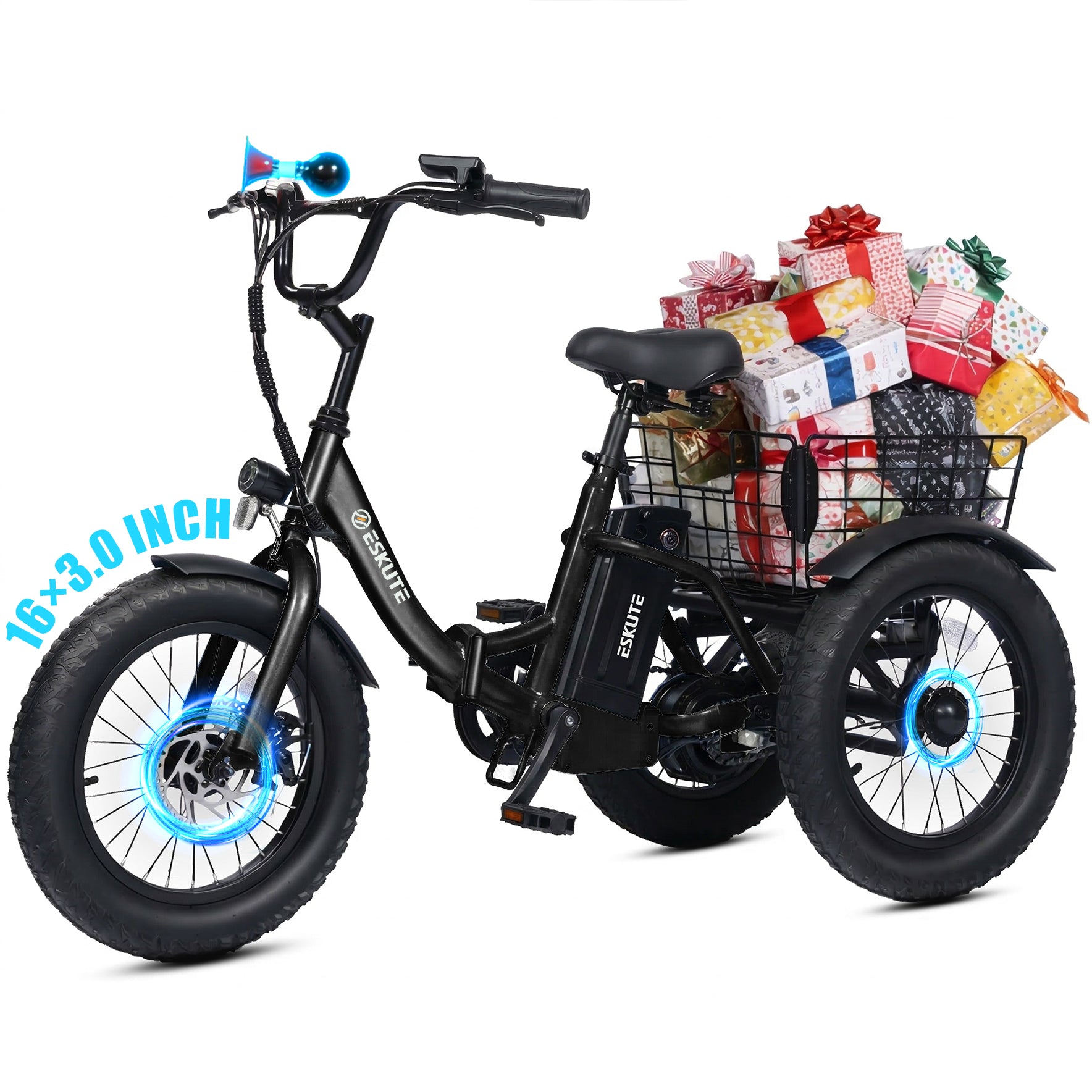 T300mini Electric Tricycle for Beginners, 16" x 3.0 Fat Tire Folding 3-Wheel E-Bike, 500W Peak Motor, 302Wh Battery, Step-Thru, 12.5 MPH, Black