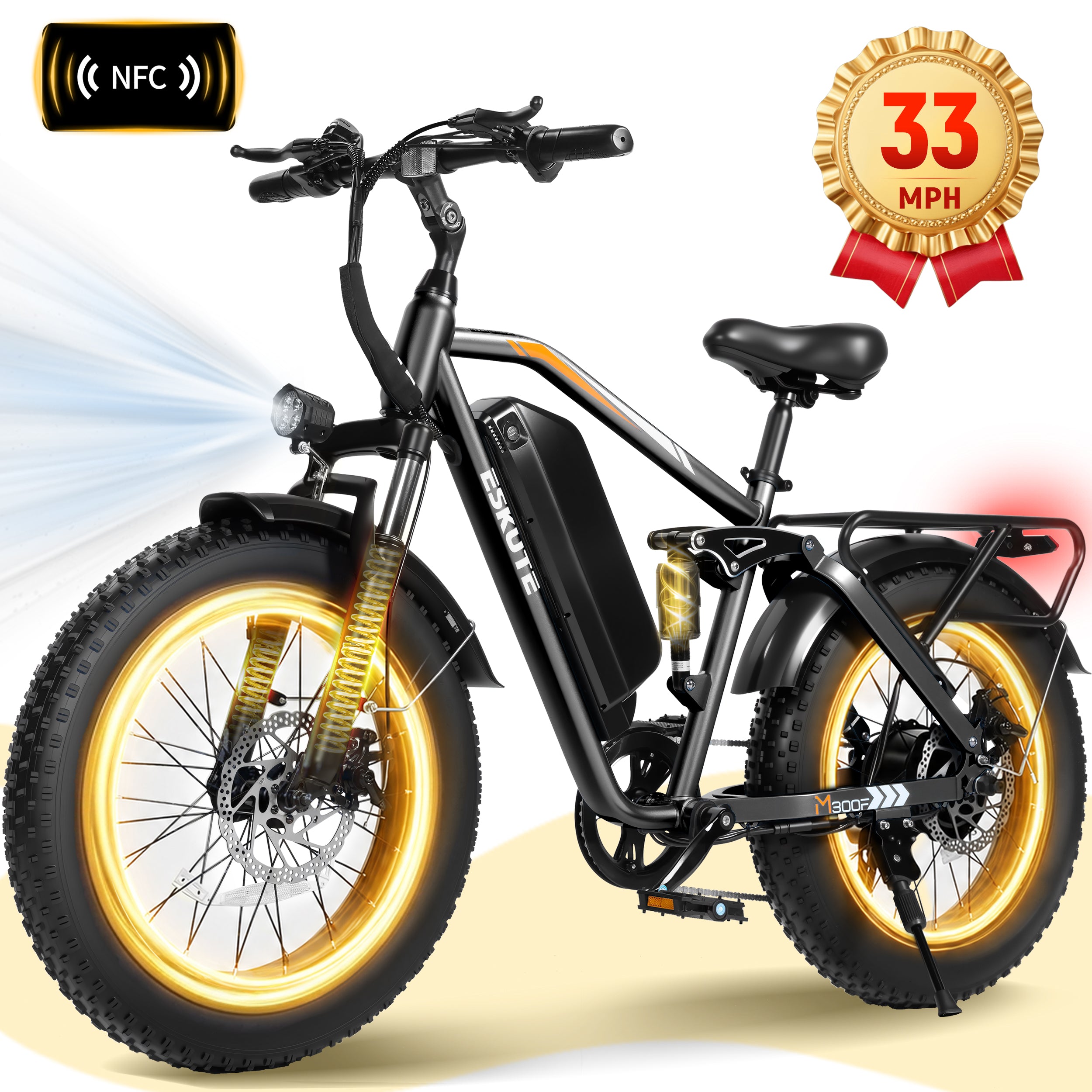 ESKUTE M300 Electric Bike for Adults, Full Suspension Fat Tire Mountain Ebike, 52V 20.8Ah Removable Battery, 1200W Motor, Up to 33MPH, 80 Miles Electric Bicycle Black
