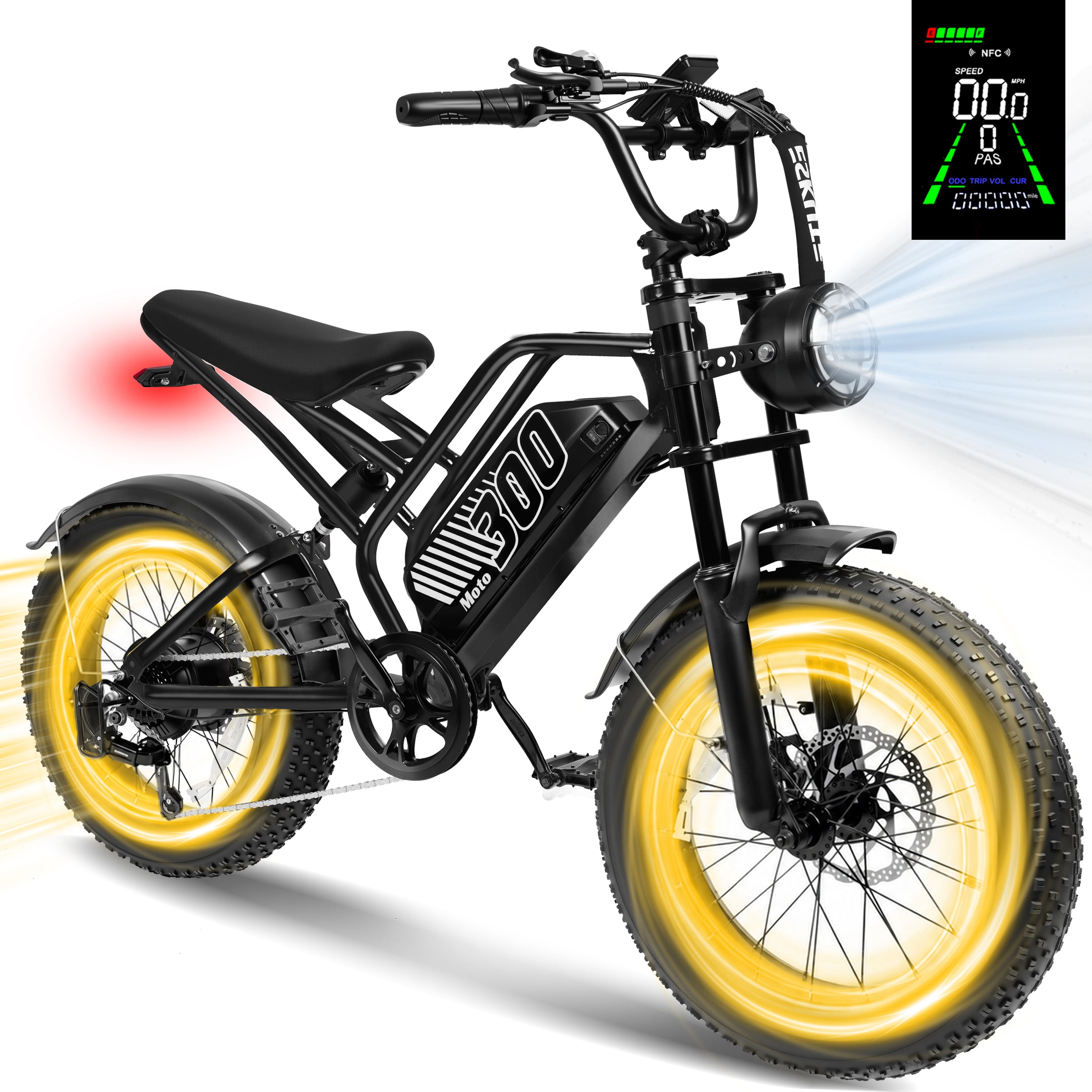 ESKUTE V300D Ebike for Adults, Up to 30MPH Electric Bicycle, Peak 1500W Motor, 52V Removable Battery, 20" x 4.0" Fat Tire E-Bike, Full Suspension, 7-Speed for All Terrain Black