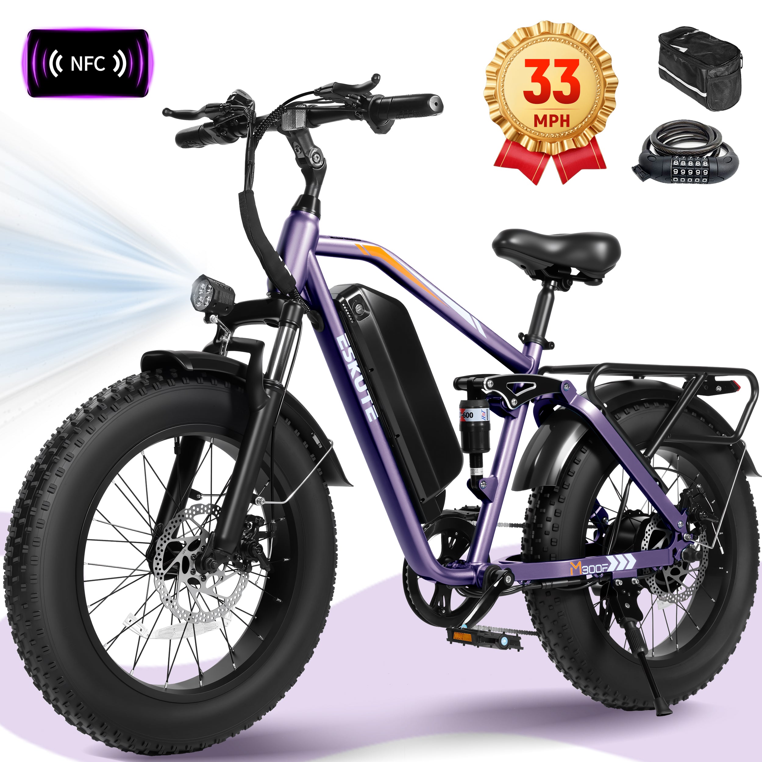 ESKUTE M300 Electric Bike for Adults, Full Suspension Fat Tire Mountain Ebike, 52V 20.8Ah Removable Battery, 1200W Motor, Up to 33MPH, 80 Miles Electric Bicycle Black
