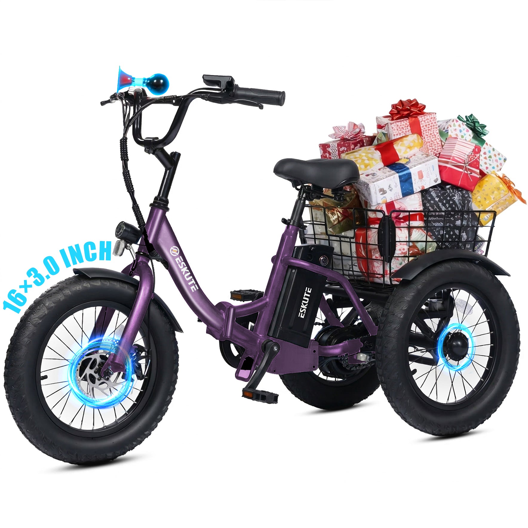 T300mini Electric Tricycle for Beginners, 16" x 3.0 Fat Tire Folding 3-Wheel E-Bike, 500W Peak Motor, 302Wh Battery, Step-Thru, 12.5 MPH, Black