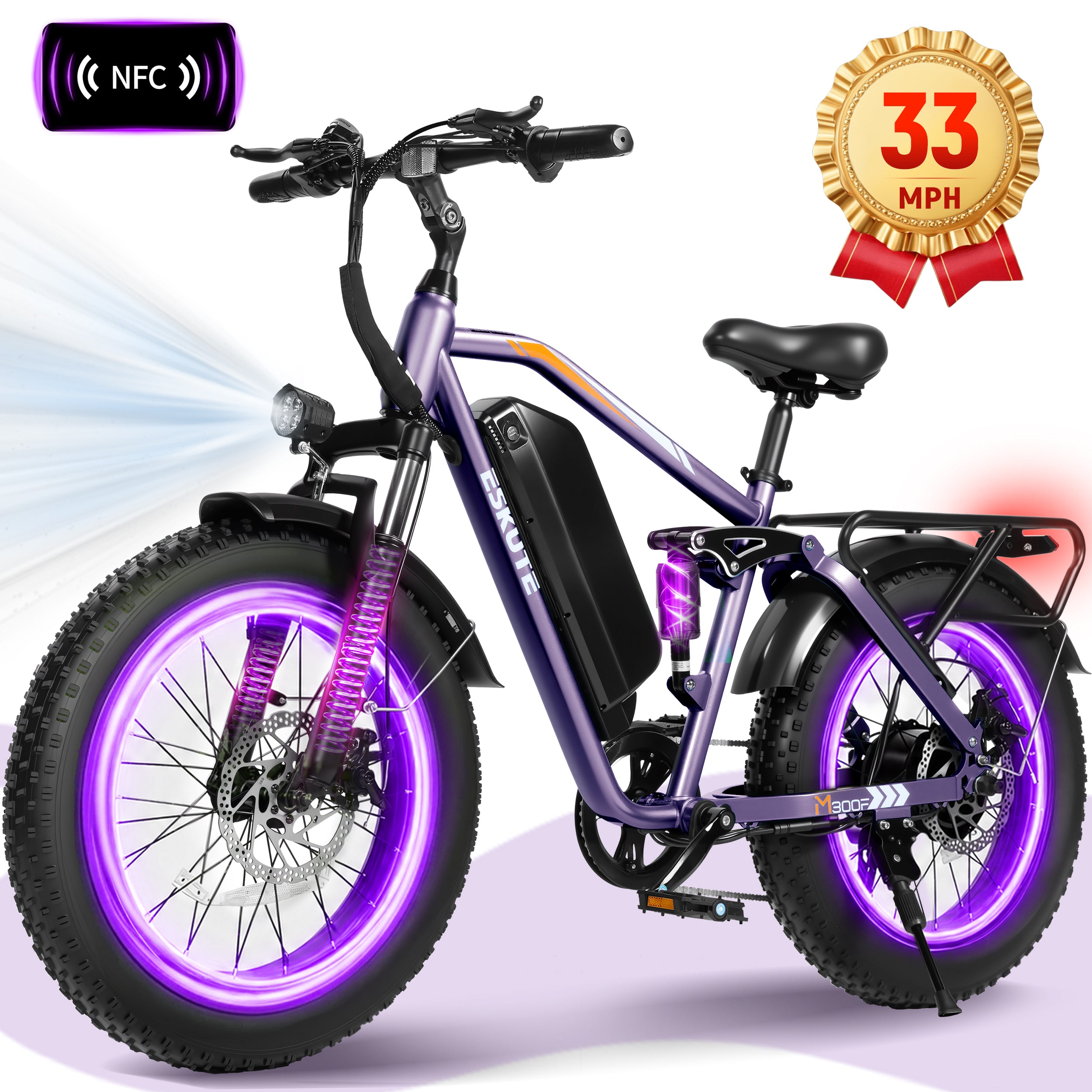ESKUTE M300 Electric Bike for Adults, Full Suspension Fat Tire Mountain Ebike, 52V 20.8Ah Removable Battery, 1200W Motor, Up to 33MPH, 80 Miles Electric Bicycle Black