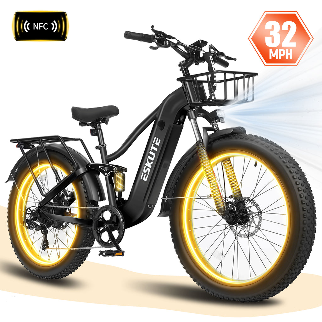 ESKUTE C300R Electric Bike for Adults, 32MPH High-Speed 1500W Motor, 80-Mile Range 48V 20.8Ah Battery, 26"x4.0" Fat Tire Ebike, Full Suspension, 8-Speed Black