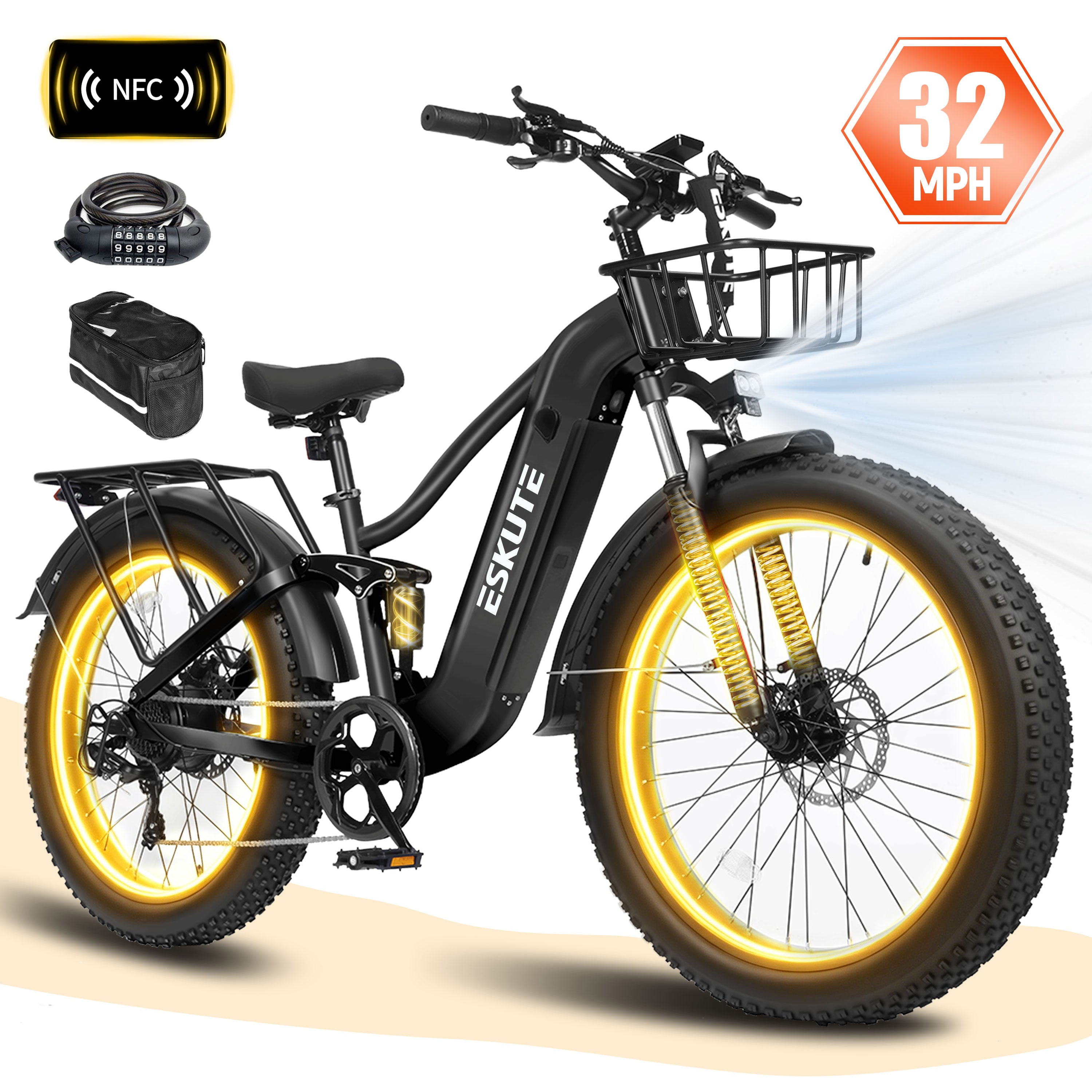 ESKUTE C300R Electric Bike for Adults, 32MPH High-Speed 1500W Motor, 80-Mile Range 48V 20.8Ah Battery, 26"x4.0" Fat Tire Ebike, Full Suspension, 8-Speed Black