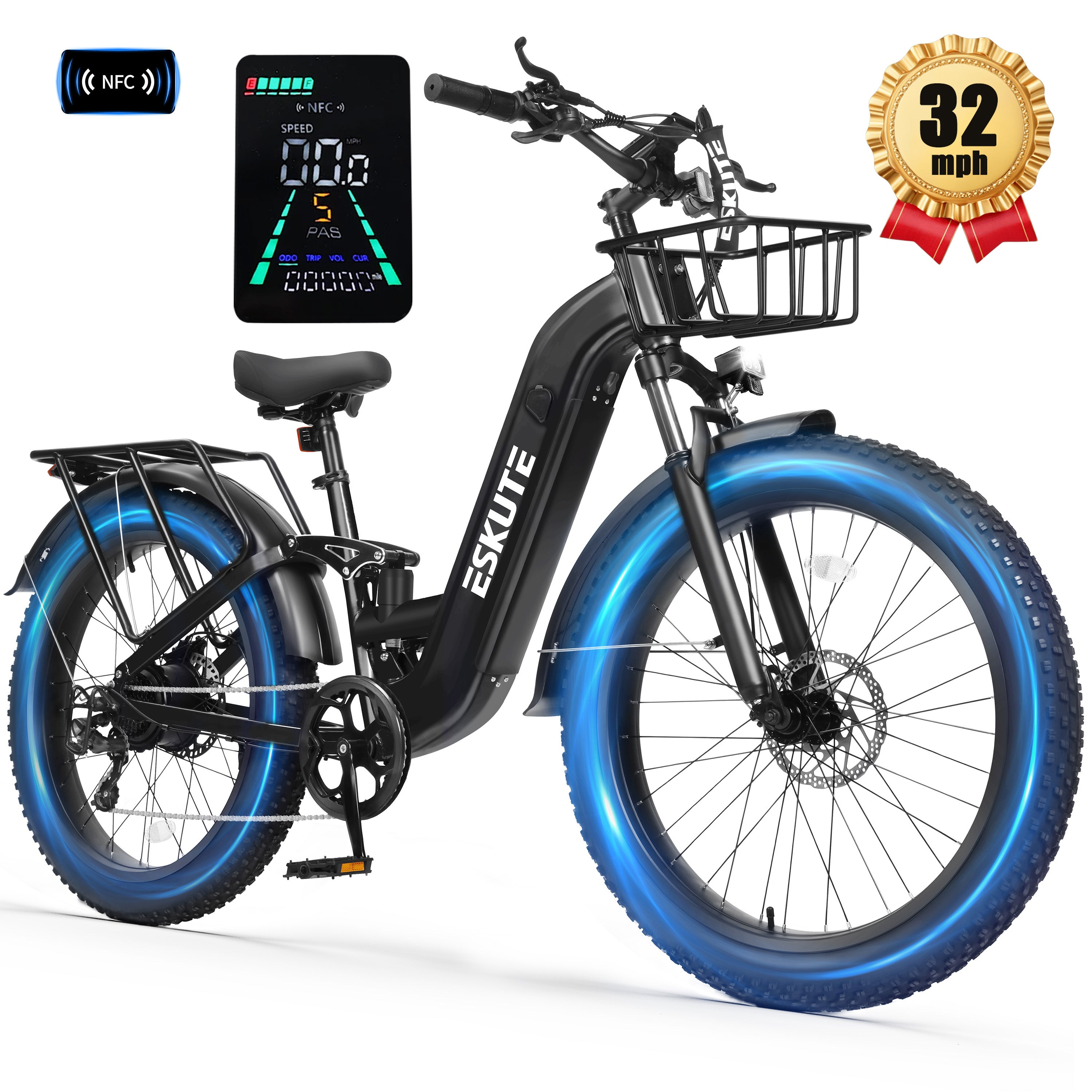 C300 1500W Electric Bike for Adults, 48V 20.8Ah Battery, 32MPH, 80 Miles Range, 26"x4.0" Fat Tire Step-Thru Ebike, Full Suspension Electric Bicycle, 8-Speed Black