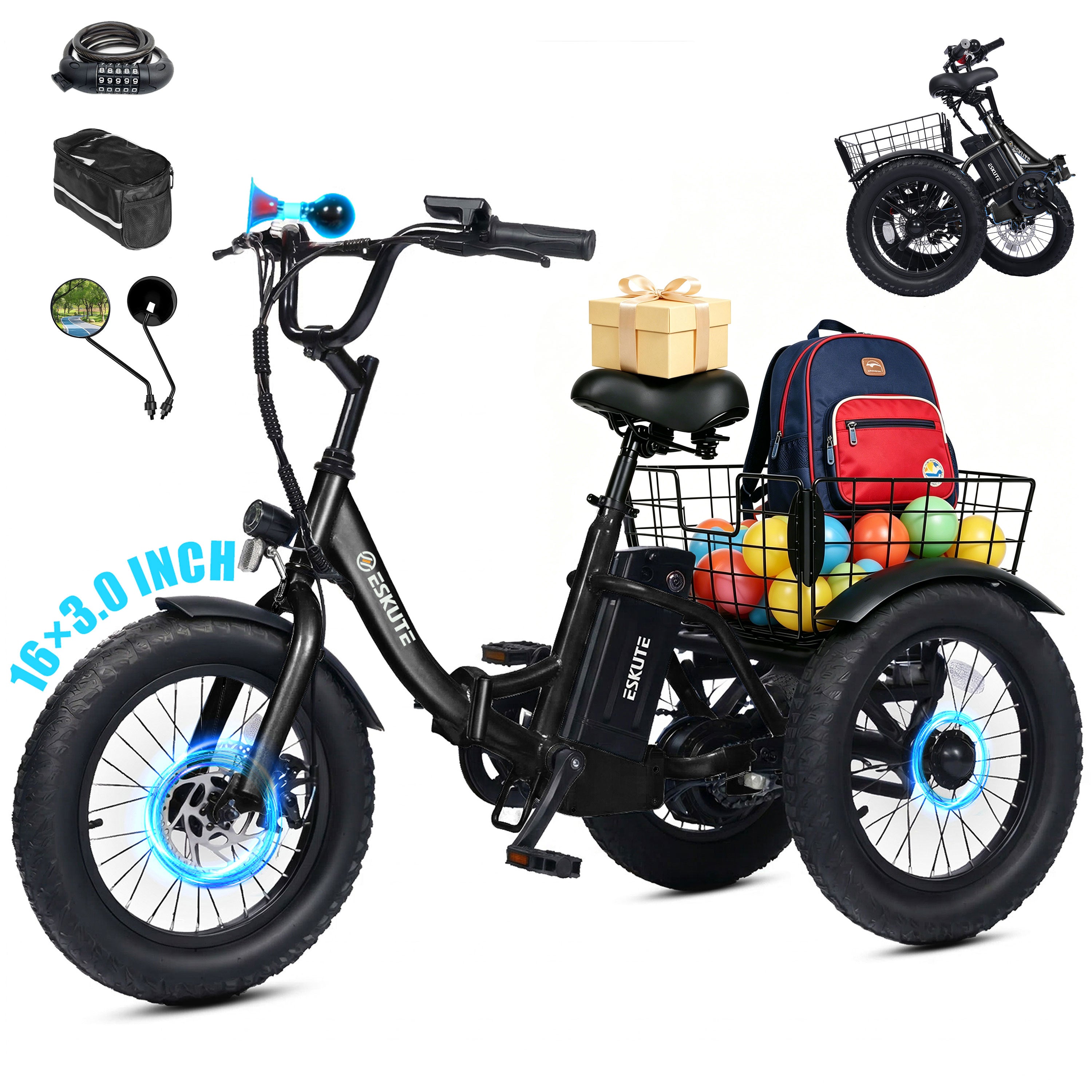 ESKUTE T300M Electric Tricycle for Beginners, Folding 3-Wheel E-Bike with 500W Peak Motor, 302Wh Battery, 12.5 MPH , 16" x 3.0 Fat Tires, Step-Thru, Blue