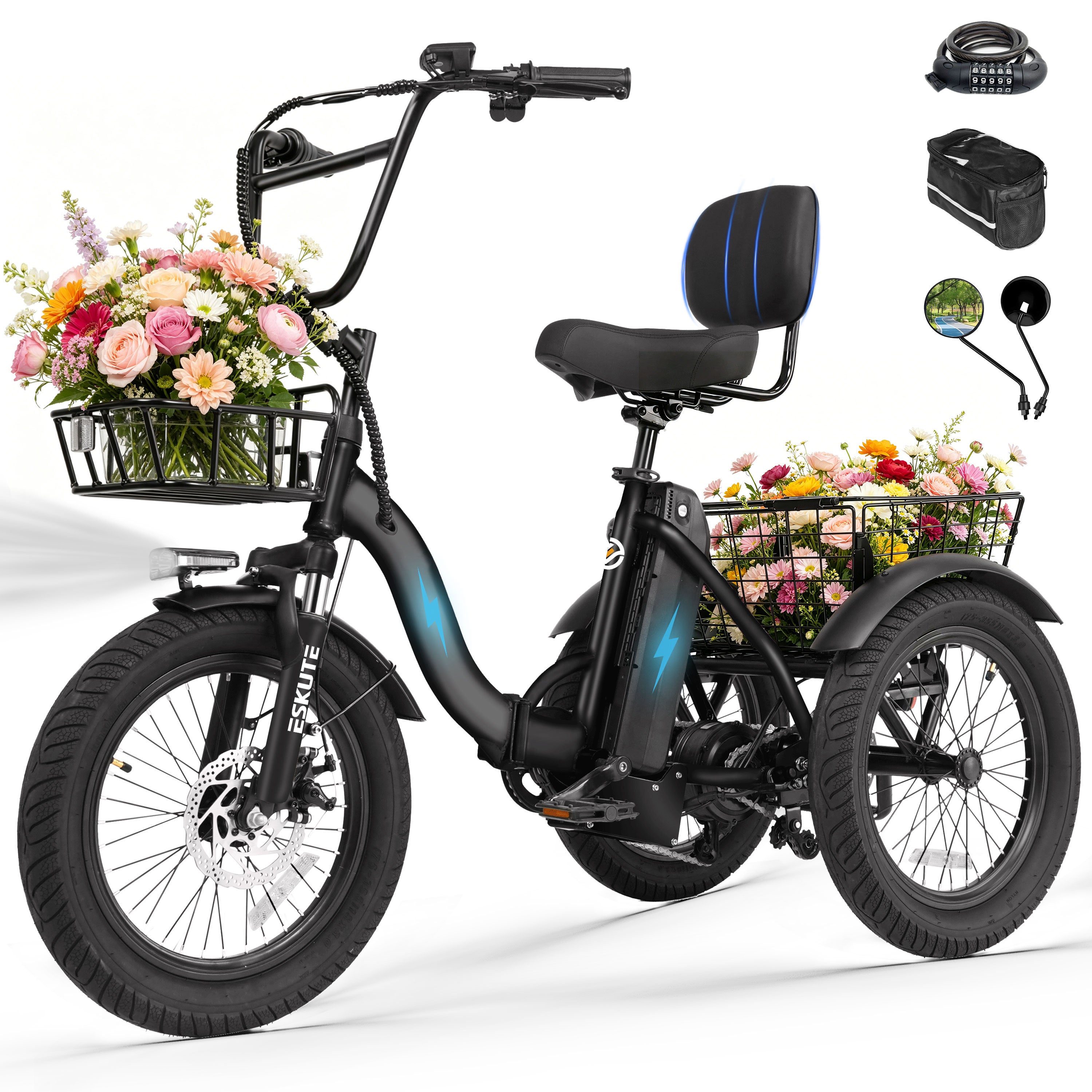 ESKUTE Adult Electric Tricycle, Folding Step-Thru E-Trike with Removable Battery, 18" x 3.0" Fat Tires, Long Range 3-Wheel Electric Bicycle for Daily Riding UL2849, Black