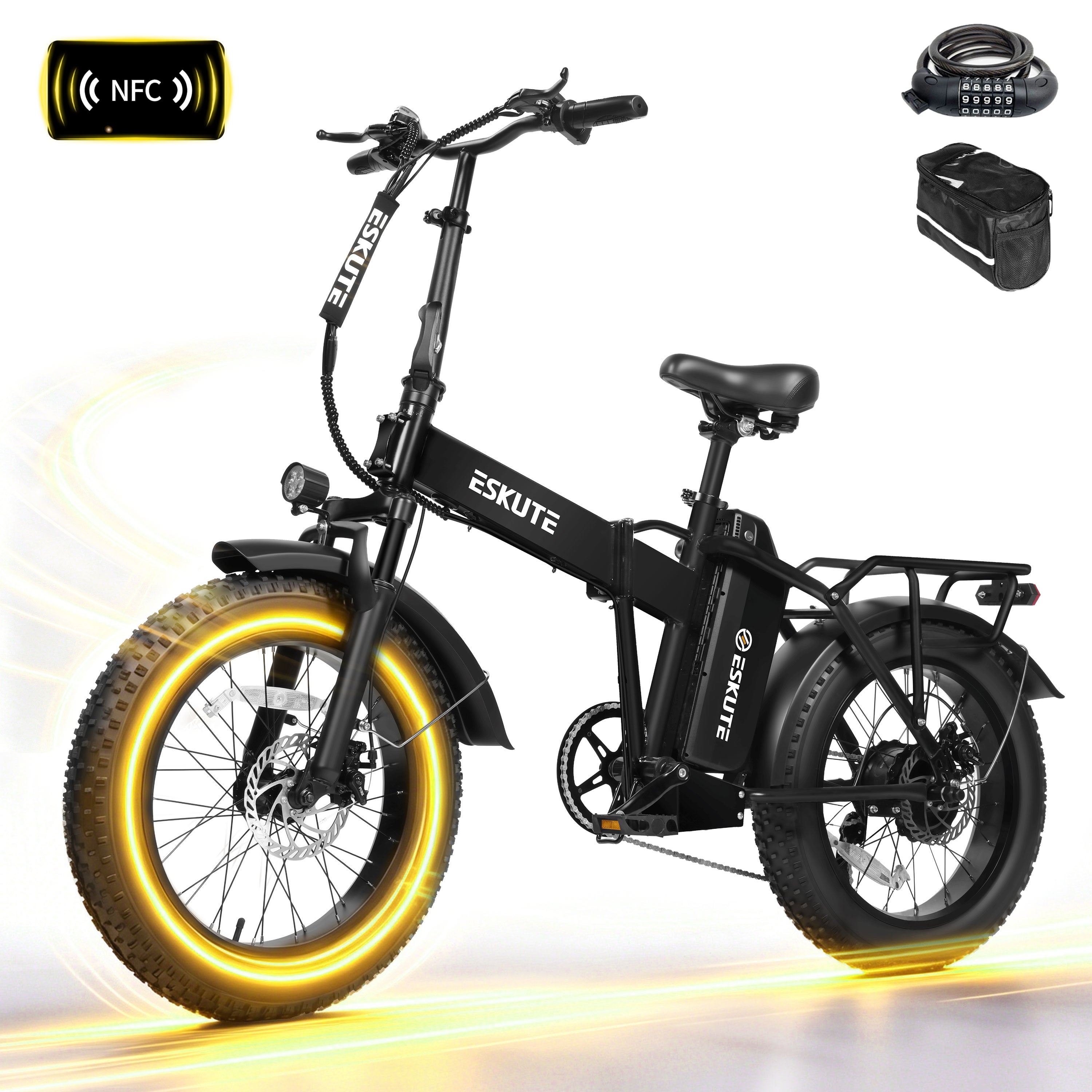 ESKUTE D300D Electric Bike for Adults, Foldable Ebike, 1200W Peak Motor, 28MPH, 48V 20.8Ah Battery, 20"x4.0" Fat Tires, 80-Mile Range, 7-Speed, NFC Unlock Black
