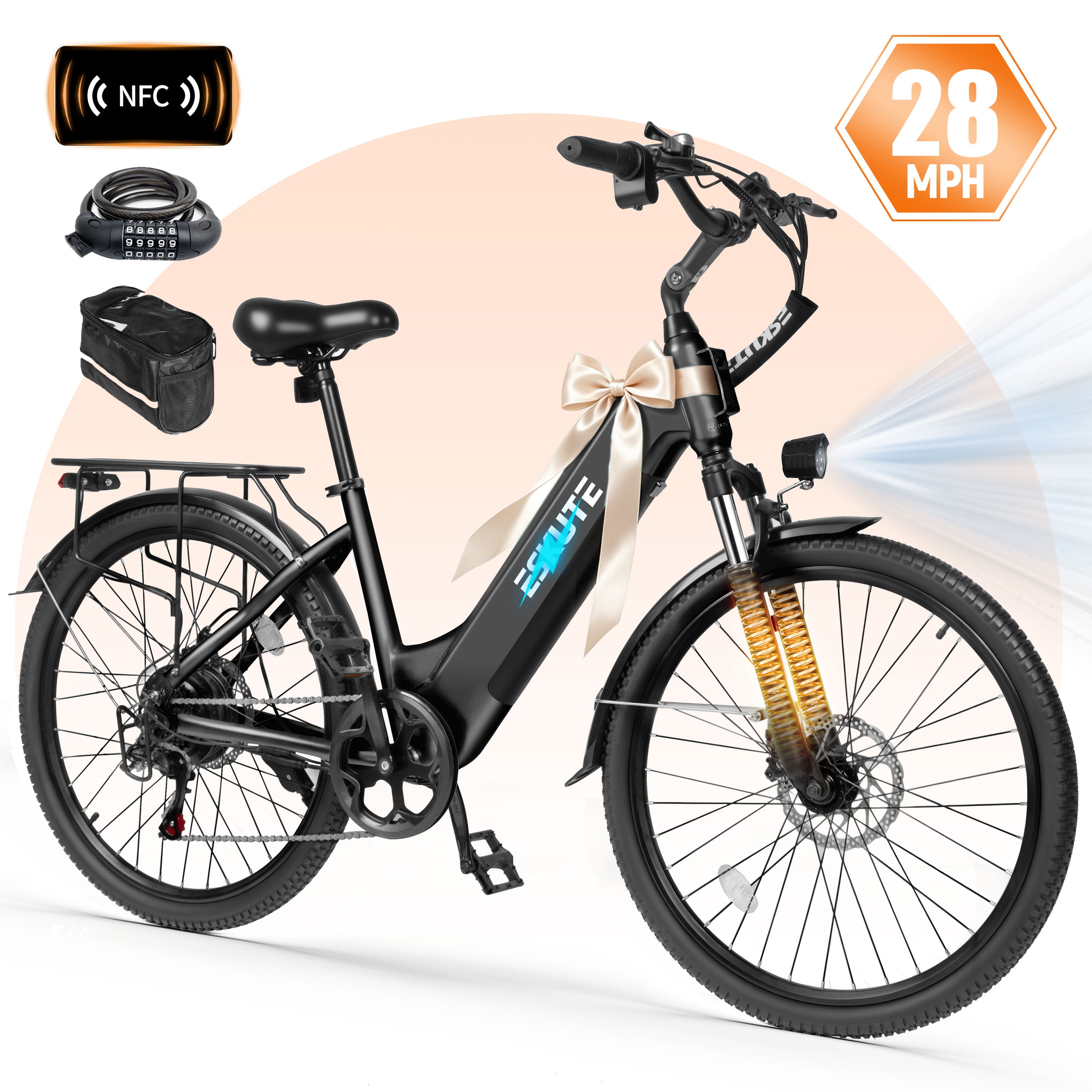 ESKUTE C200D Electric Bike for Adults – 1300W Peak Motor, 28MPH Step-Thru Ebike, 840Wh Removable Battery , Up to 70 Miles, 26" Tires, 7-Speed White
