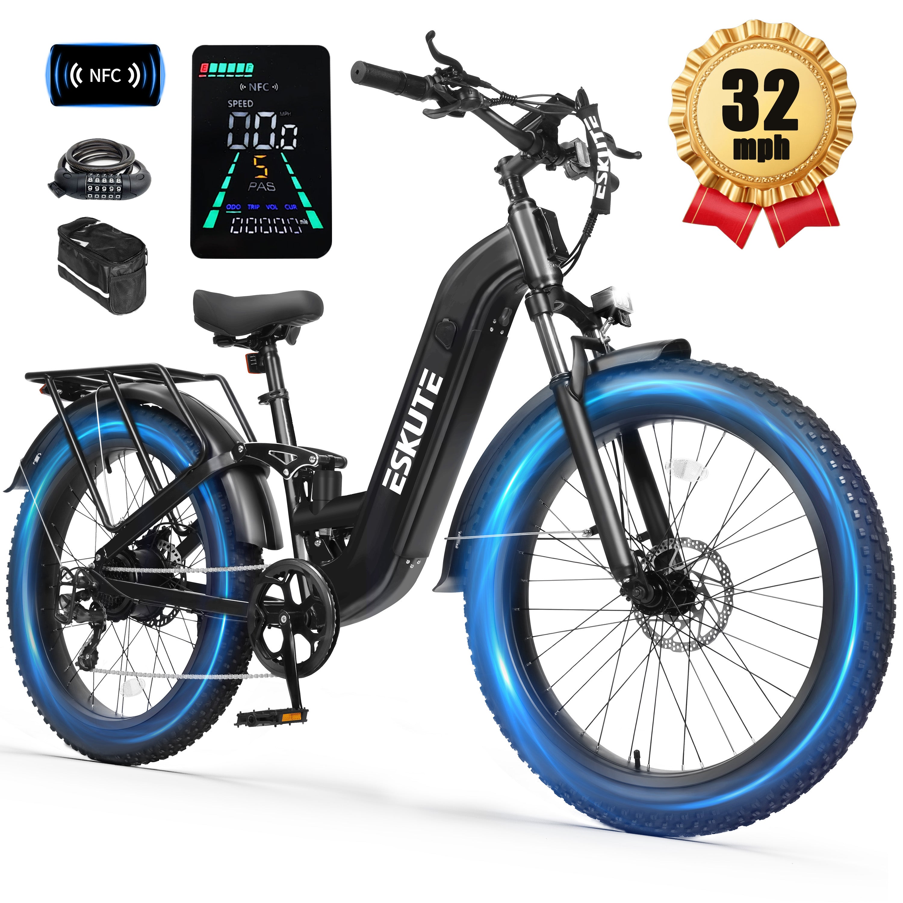 ESKUTE C300 1500W Electric Bike for Adults, 48V 20.8Ah Battery, 32MPH, 26"x4.0" Fat Tire Step-Thru Ebike, Full Suspension Electric Bicycle, 8-Speed Black, With Phonebag & Lock