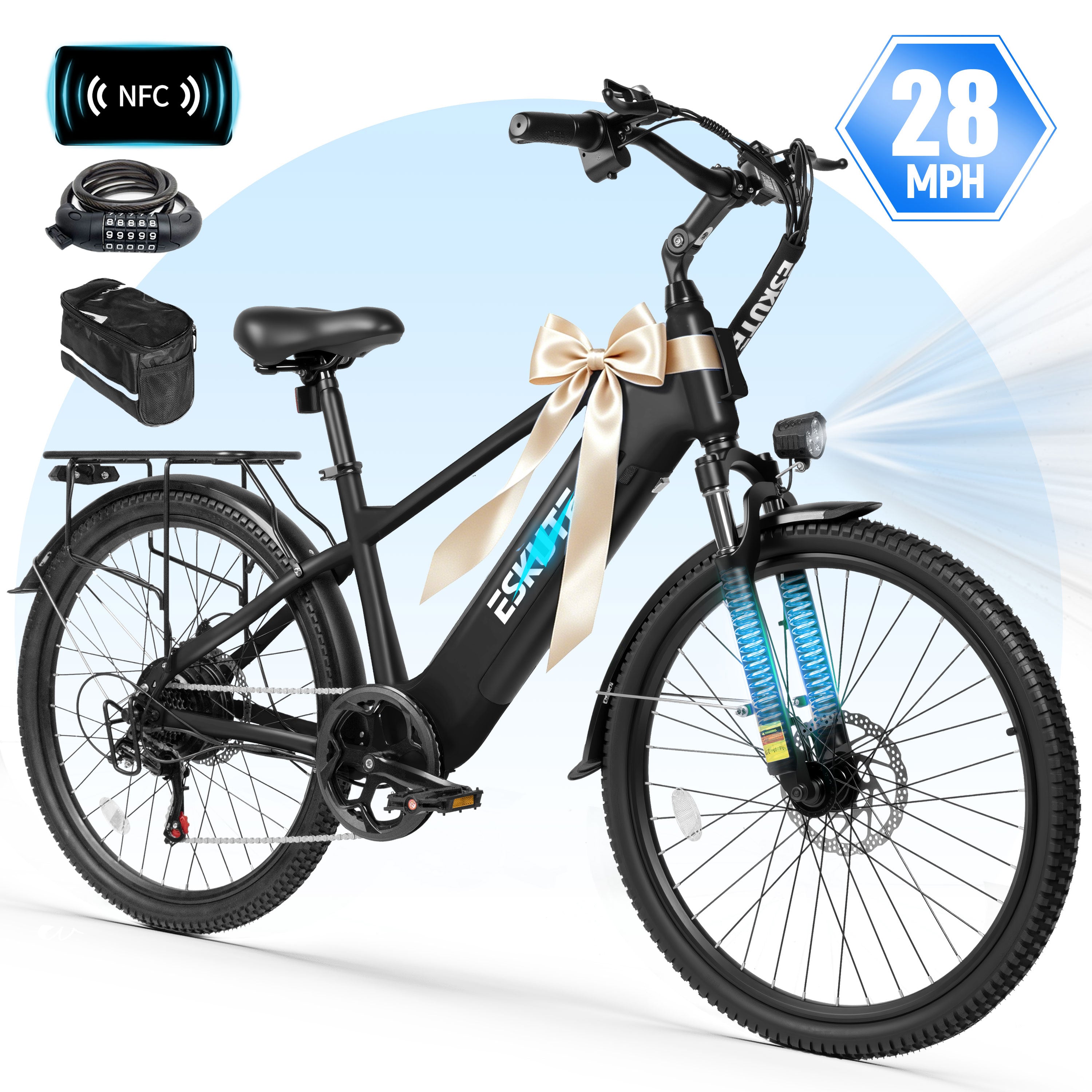 ESKUTE C200D 70-Mile Electric Bike for Adults, 840Wh Removable Battery, 1300W Peak Motor, Up to 28MPH, 26" Tires, 7-Speed Step-Over E-Bike Black