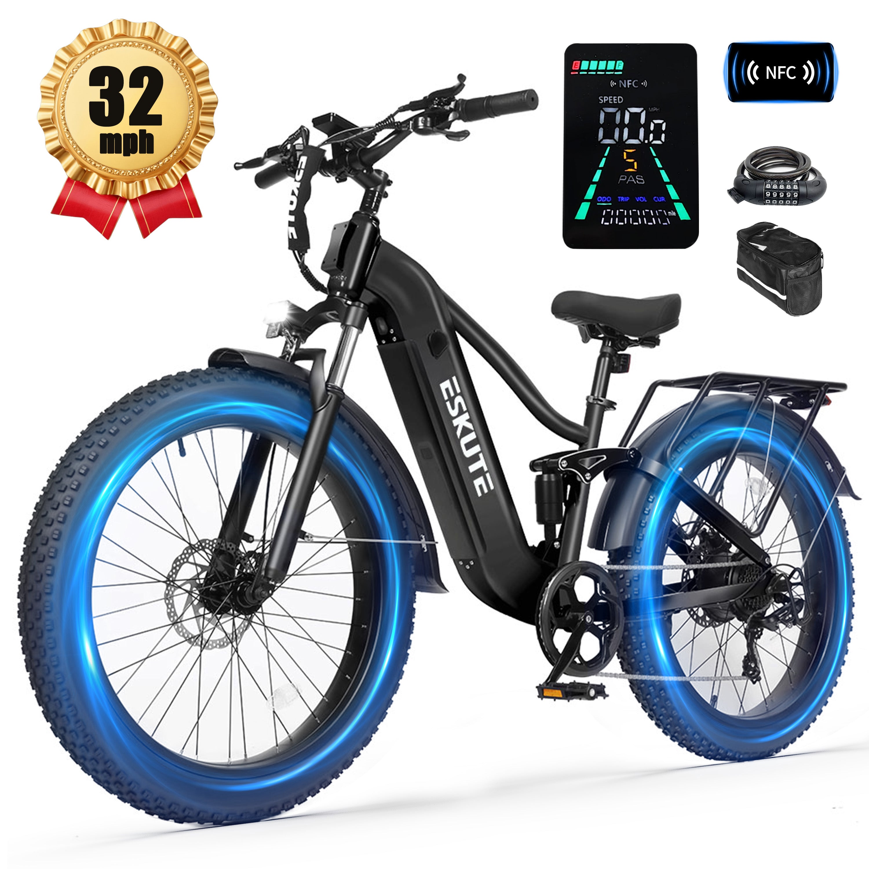 ESKUTE C300 Electric Bike for Adults, 1500W Peak Motor, 32MPH Fast Ebike, 48V 20.8Ah Battery Up to 80 Miles, 26"x4.0" Fat Tire, Full Suspension, 8-Speed Black, With Phonebag & Lock