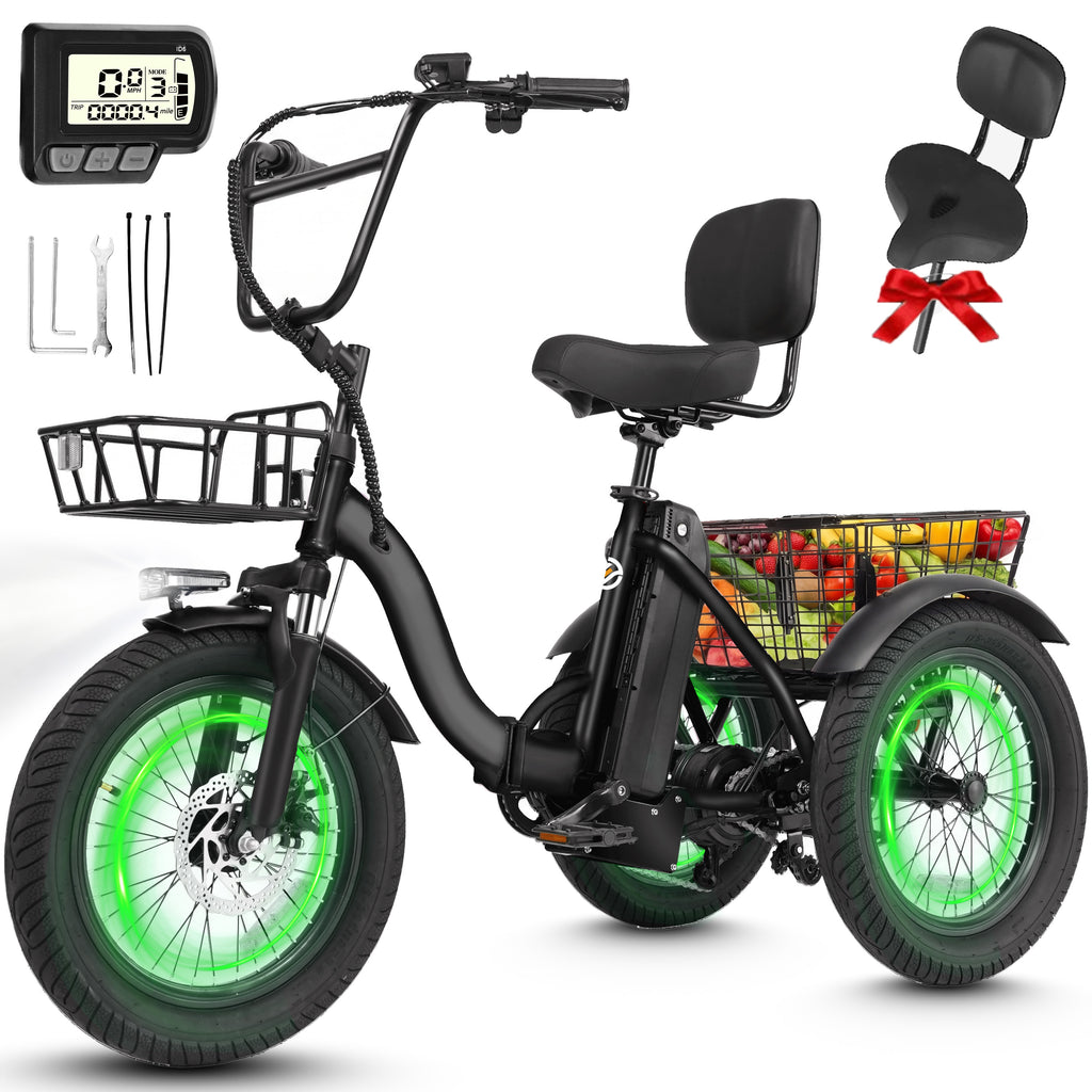ESKUTE T300 E Trike Electric Tricycle for Adults, 750W Brushless Motor 18MPH+ Fat Tire Folding Trike, Step-Thru 3 Wheel Electric Bicycle, Up to 55 Miles Black with Oversized Seat