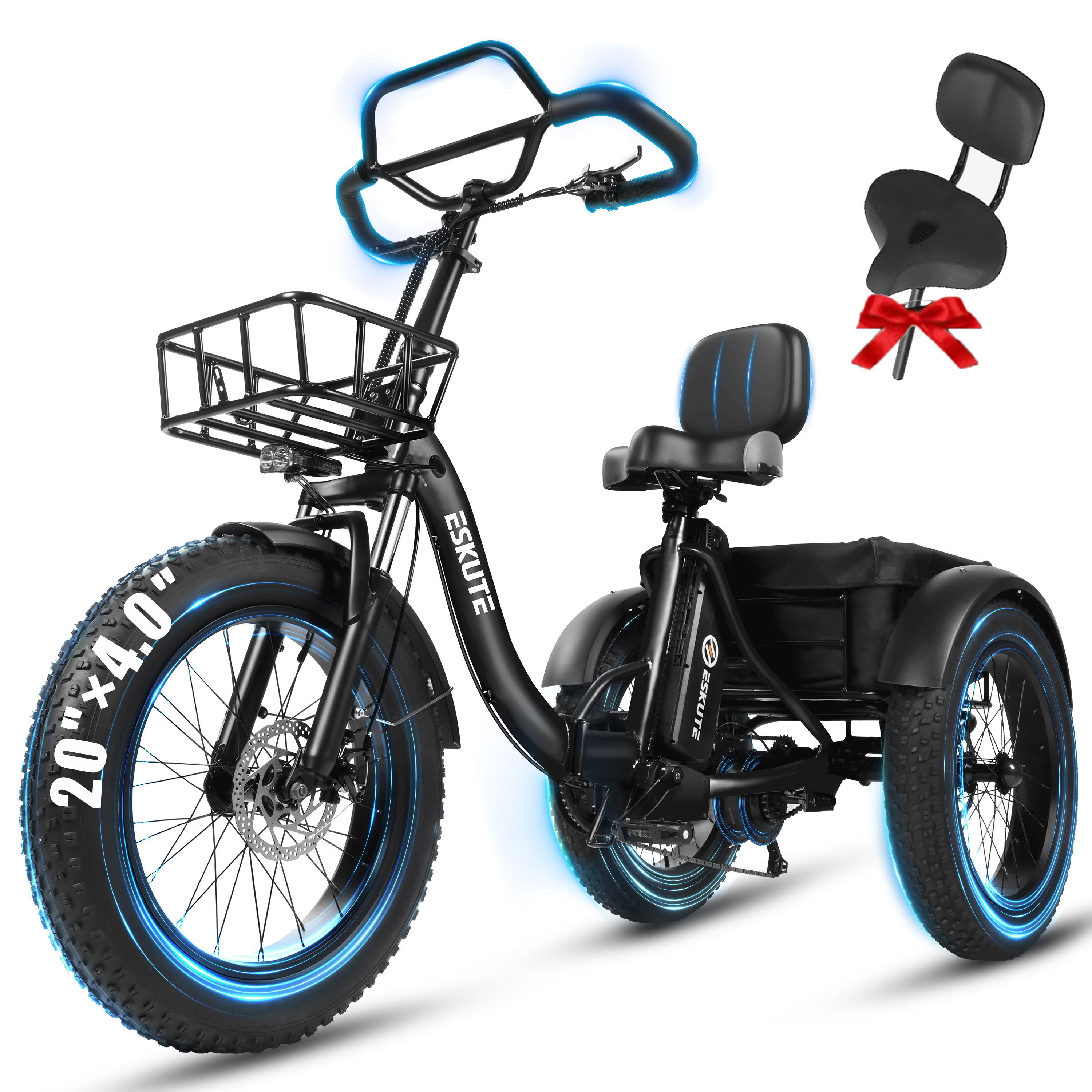 ESKUTE T300 Pro Electric Tricycle for Adults, E Trike,998.4Wh Battery, 20" x 4.0" Fat Tires, Foldable 3 Wheel Electric Bike, Black with Oversized Seat