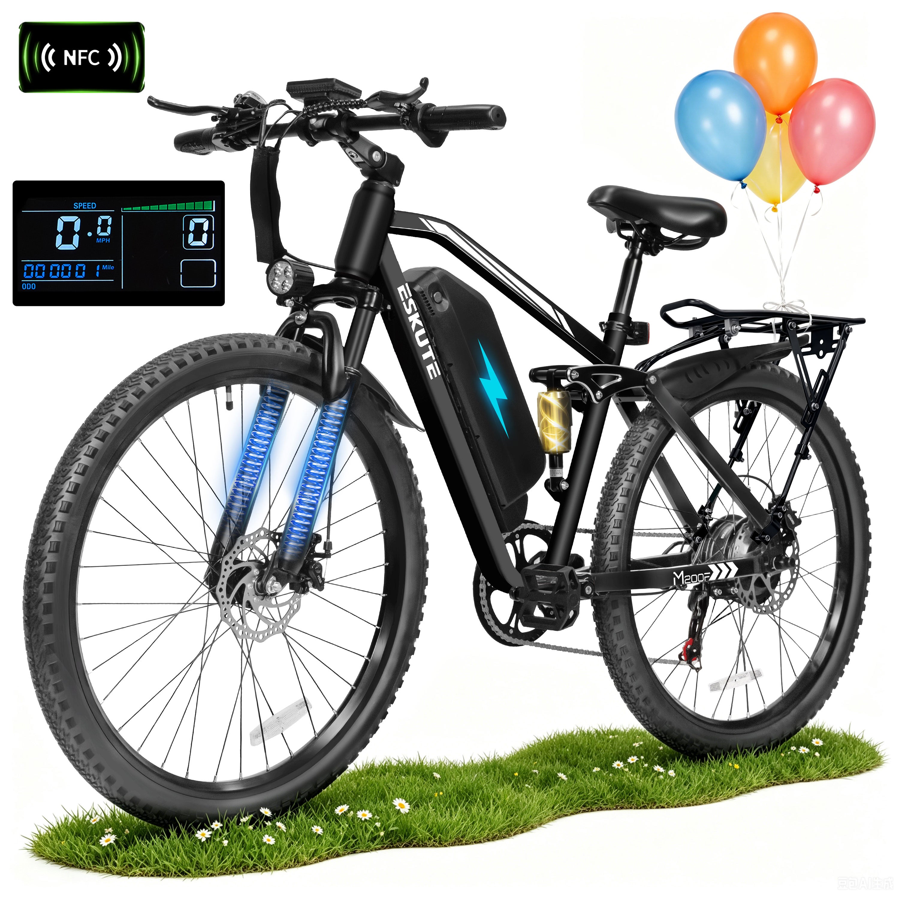 ESKUTE M200D Electric Mountain Bike for Adults, 27.5" Full Suspension E-Bike, 750W Brushless Motor, 20 MPH Speed, 48V 20.8Ah , 80 Miles Range, Step-Over Electric Bicycle Black