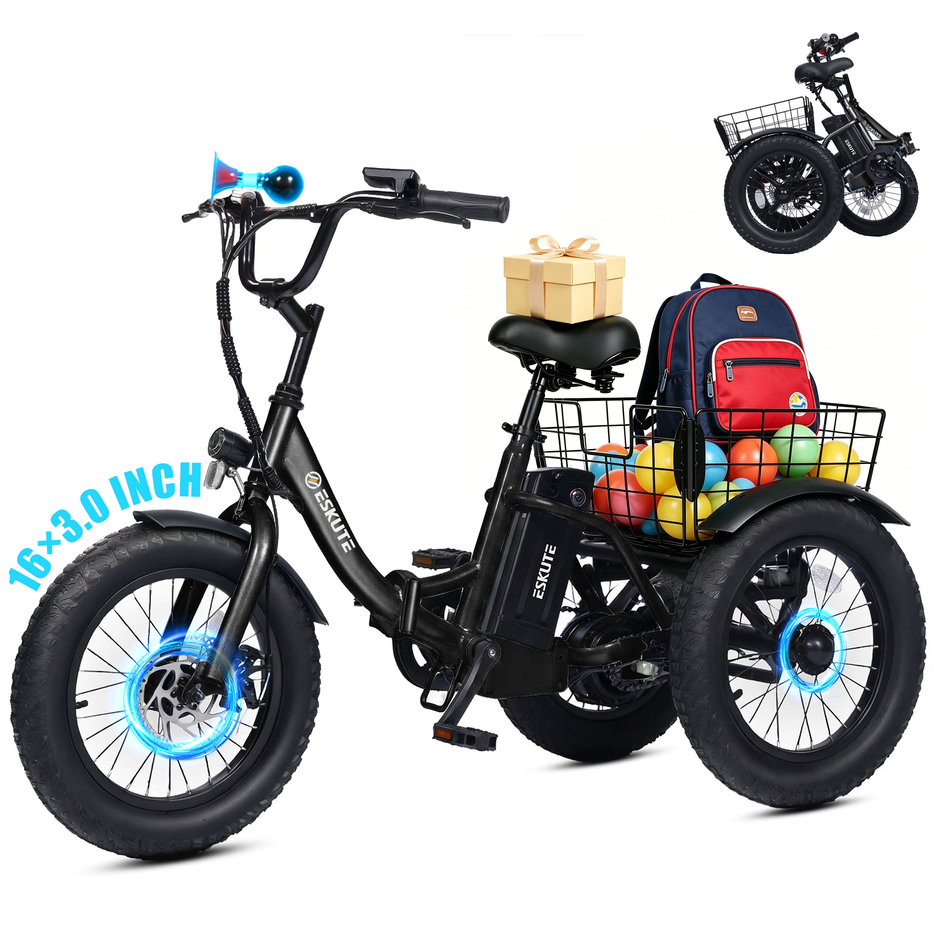 ESKUTE T300M Electric Tricycle for Beginners, Folding 3-Wheel E-Bike with 500W Peak Motor, 302Wh Battery, 12.5 MPH , 16" x 3.0 Fat Tires, Step-Thru, Blue