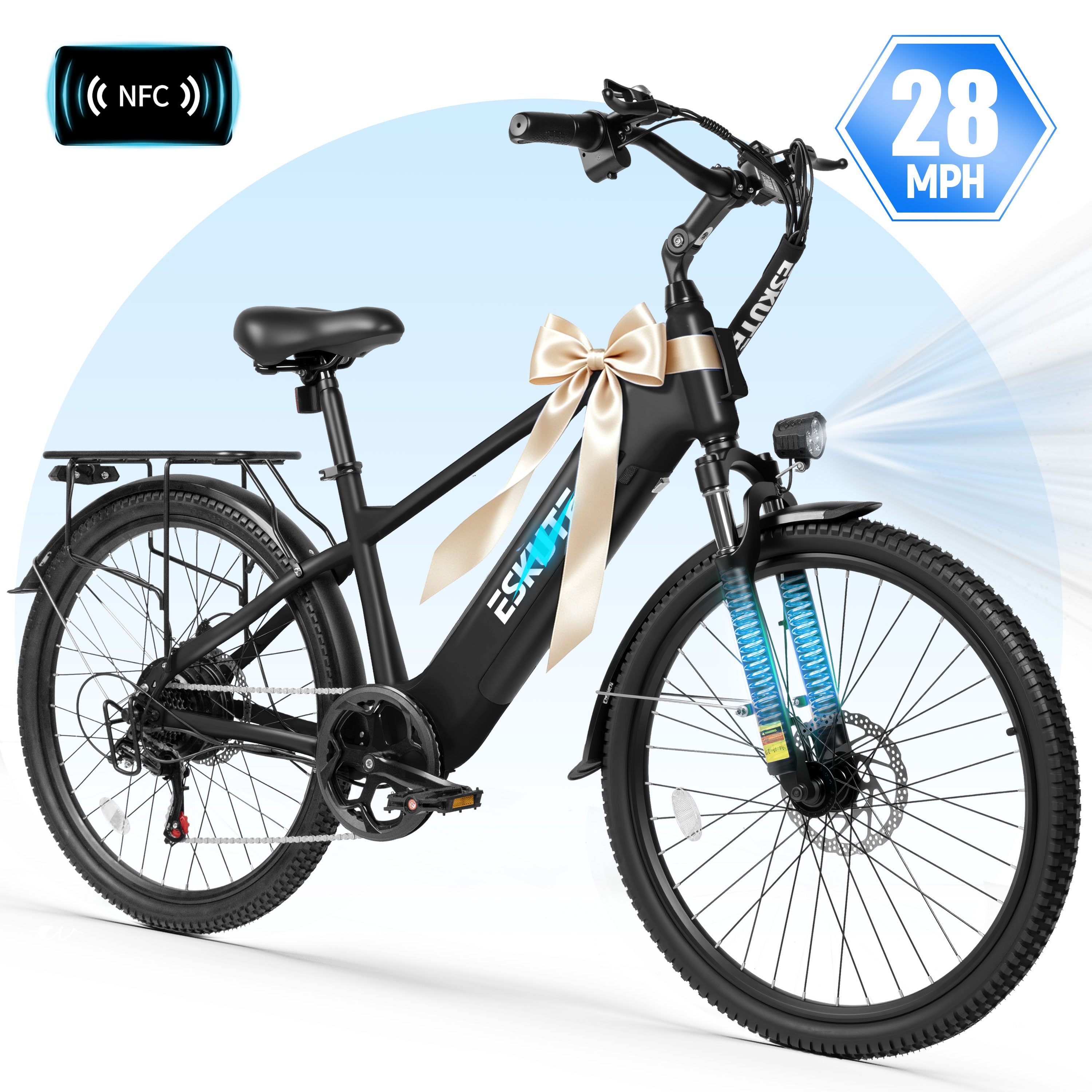 ESKUTE C200D 70-Mile Electric Bike for Adults, 840Wh Removable Battery, 1300W Peak Motor, Up to 28MPH, 26" Tires, 7-Speed Step-Over E-Bike Black