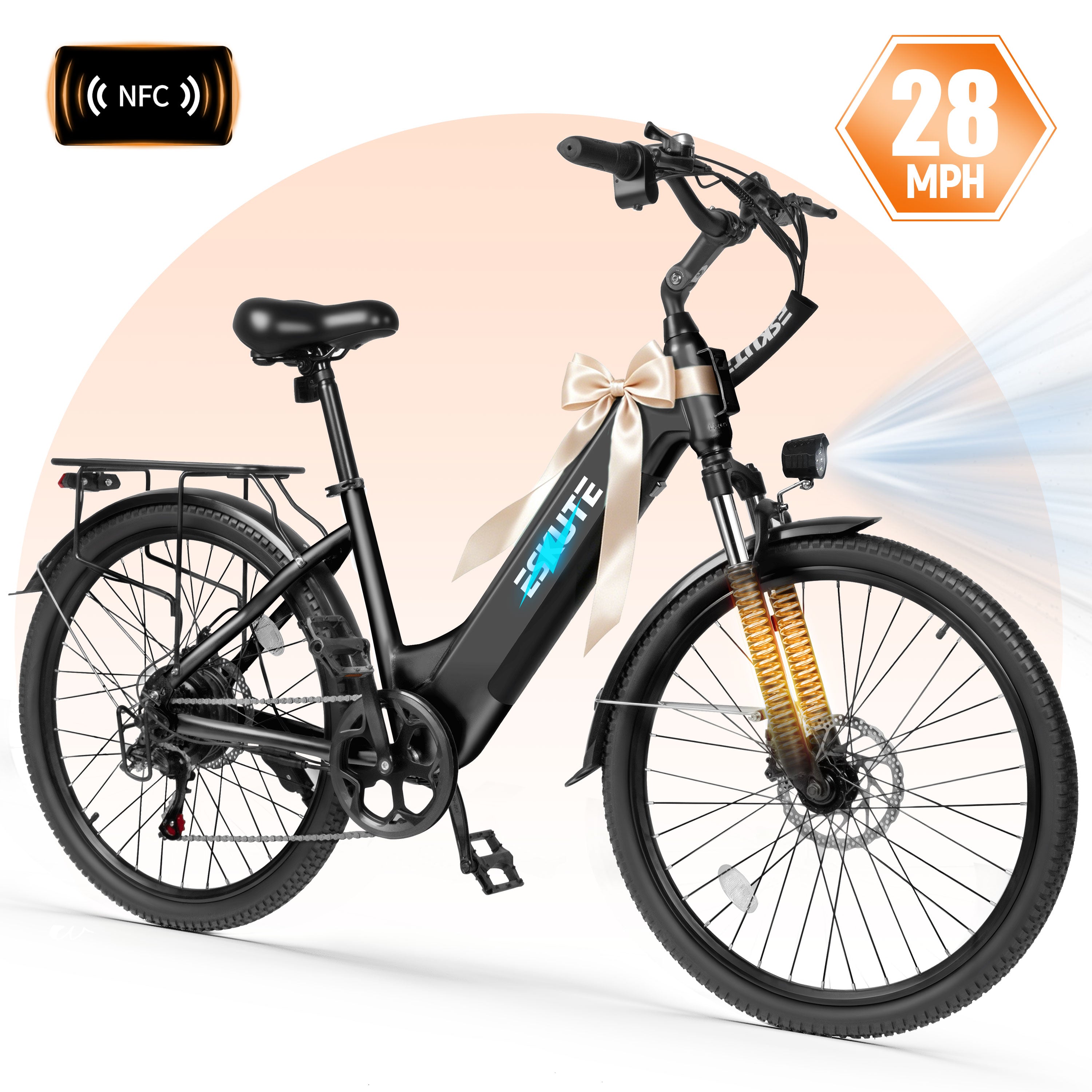 ESKUTE C200D Electric Bike for Adults – 1300W Peak Motor, 28MPH Step-Thru Ebike, 840Wh Removable Battery , Up to 70 Miles, 26" Tires, 7-Speed White