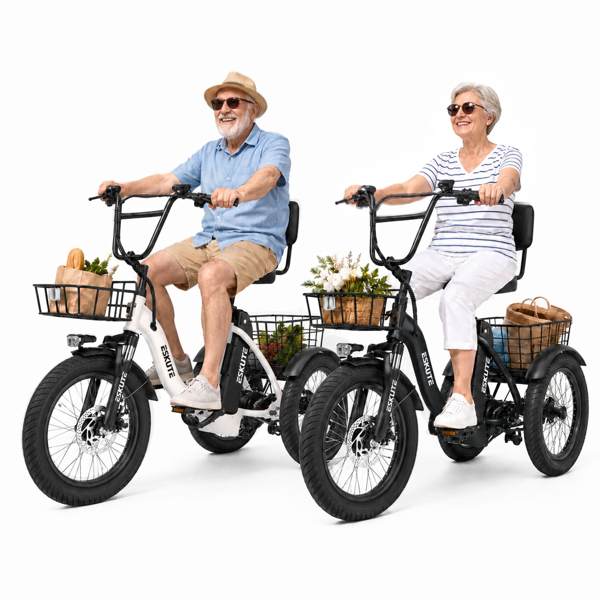 ESKUTE 2 Pcs T300 E Trike Electric Tricycle for Adults, 750W Brushless Motor 18MPH+ Fat Tire Folding Trike, Step-Thru 3 Wheel Electric Bicycle, Up to 55 Miles Black & White