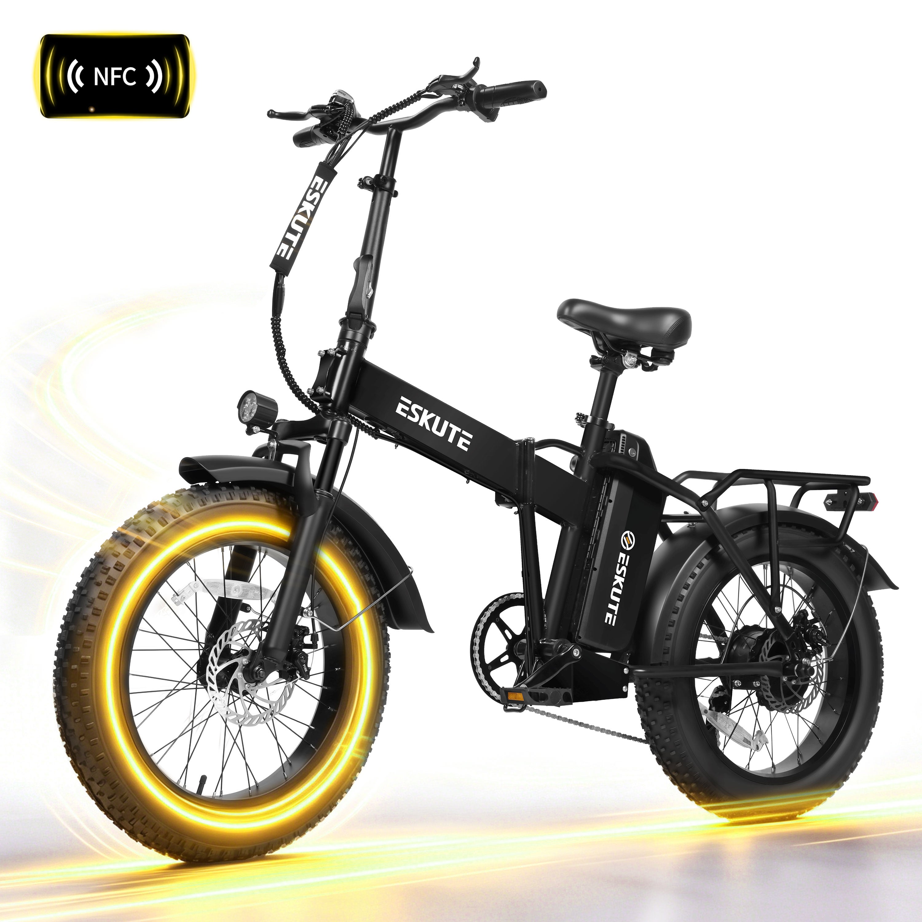 ESKUTE D300D Electric Bike for Adults, Foldable Ebike, 1200W Peak Motor, 28MPH, 48V 20.8Ah Battery, 20"x4.0" Fat Tires, 80-Mile Range, 7-Speed, NFC Unlock Black