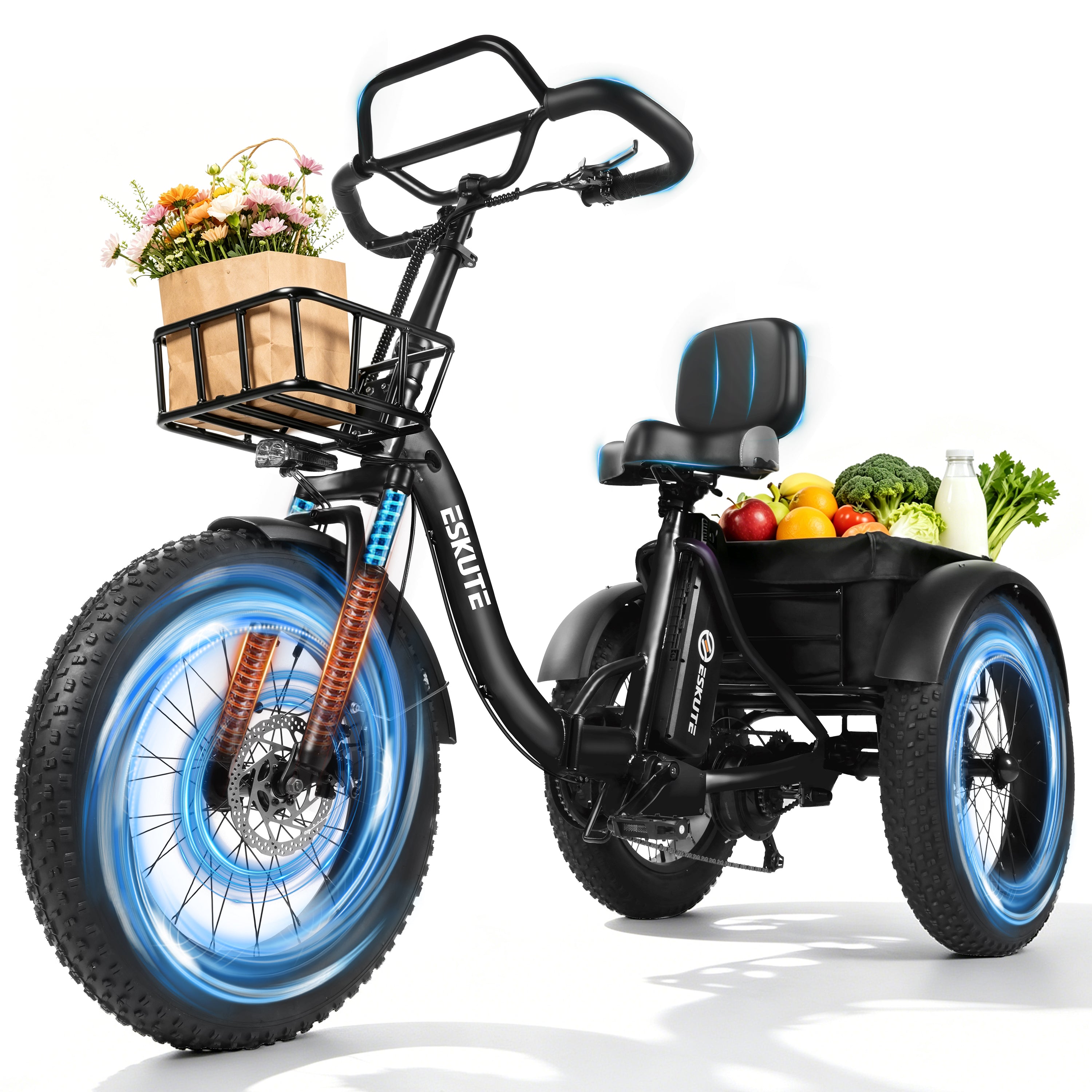 ESKUTE T300P Electric Tricycle for Adults, 3 Wheel Electric Bike, Foldable E Trike, 998.4Wh Battery, 20" x 4.0" Fat Tire, Stable Ride Tricycle for Seniors & Parents, Black