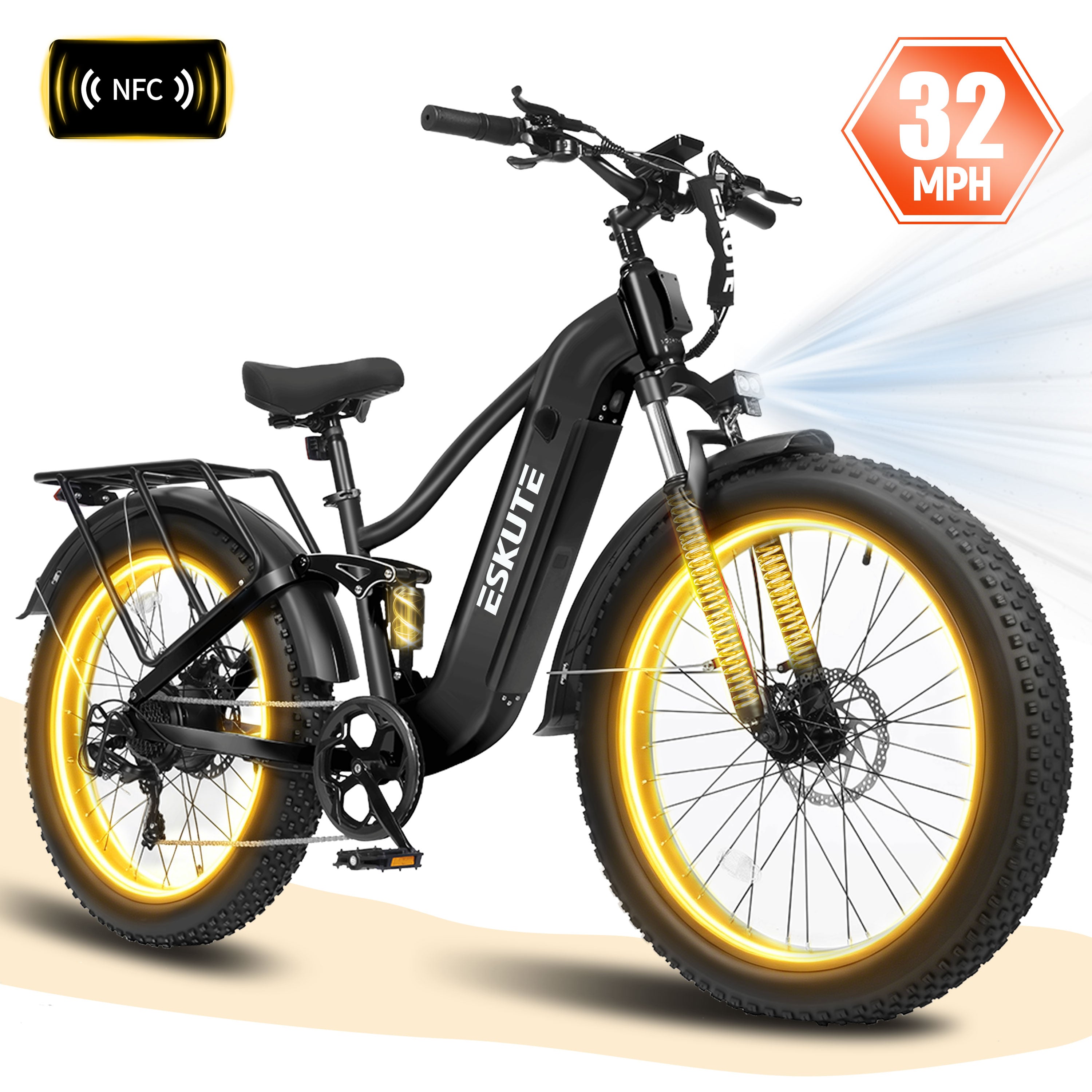 ESKUTE C300R Electric Bike for Adults, 32MPH High-Speed 1500W Motor, 80-Mile Range 48V 20.8Ah Battery, 26"x4.0" Fat Tire Ebike, Full Suspension, 8-Speed Black