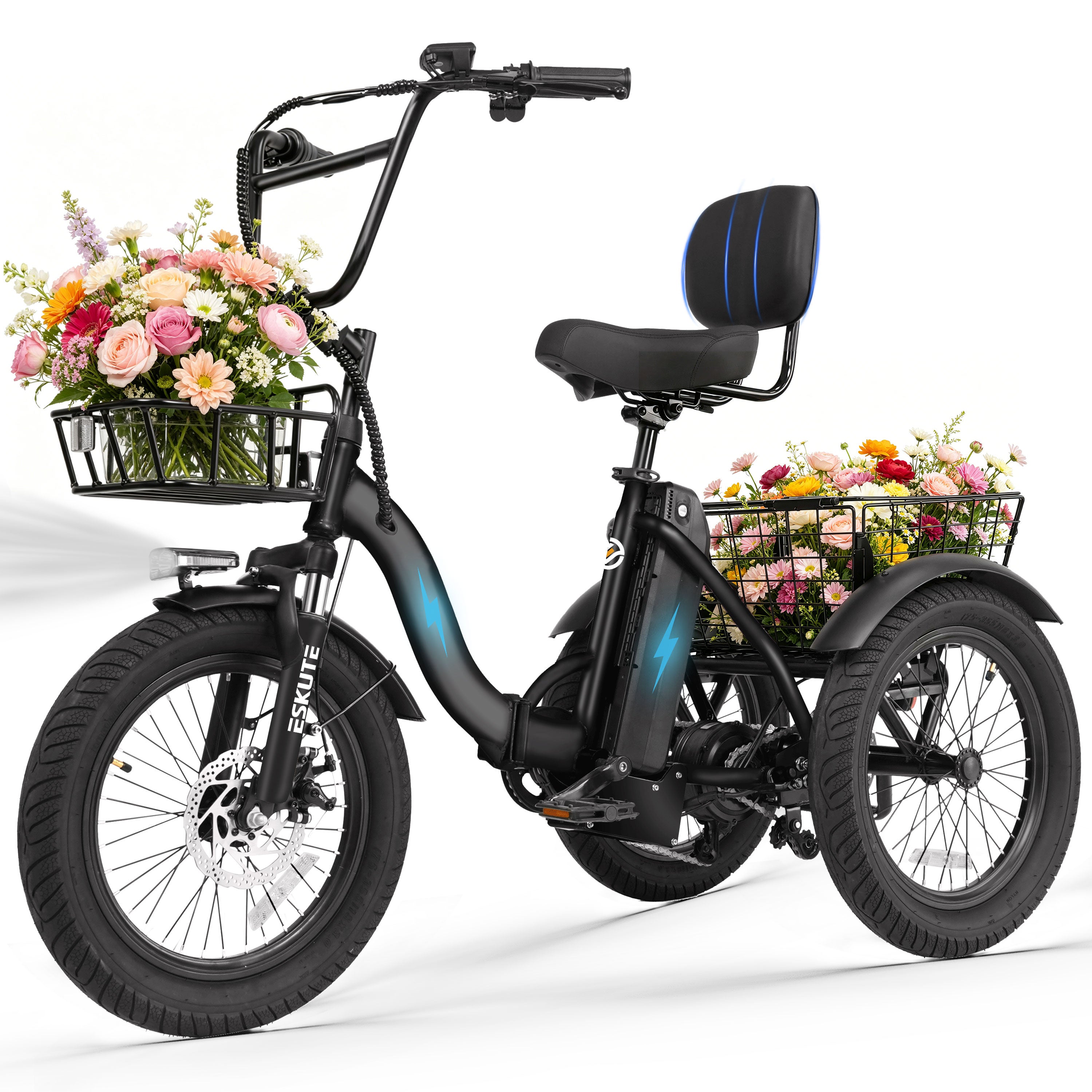 ESKUTE Adult Electric Tricycle, Folding Step-Thru E-Trike with Removable Battery, 18" x 3.0" Fat Tires, Long Range 3-Wheel Electric Bicycle for Daily Riding UL2849, Black
